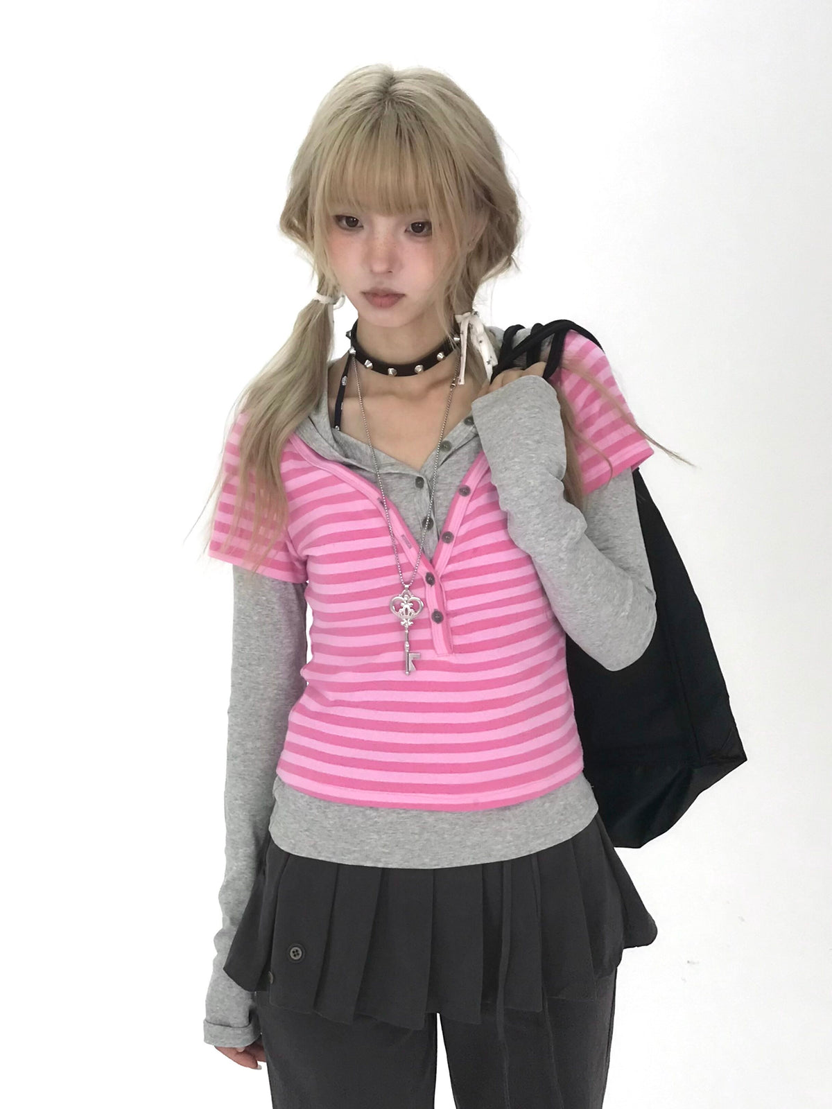 Striped Faux-Layered Hooded Long Sleeve Top