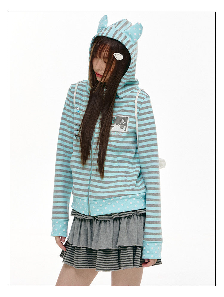 Mint & Gray Stripe Cat-Ear Zip Hoodie