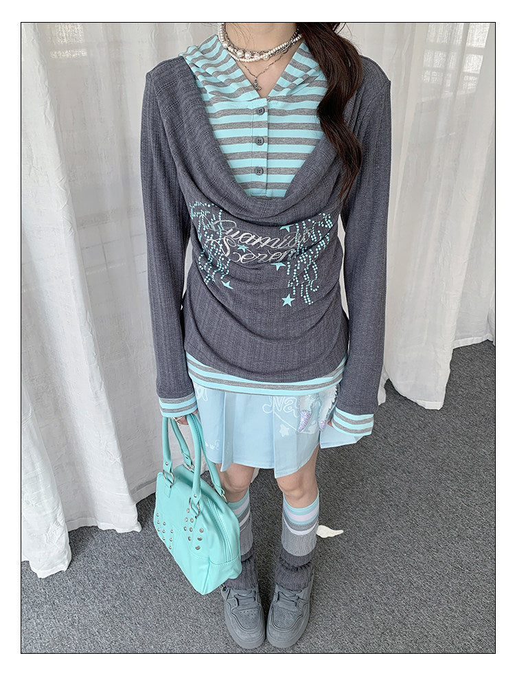Draped Stripe-Collar Faux-Layer Long-Sleeve Top