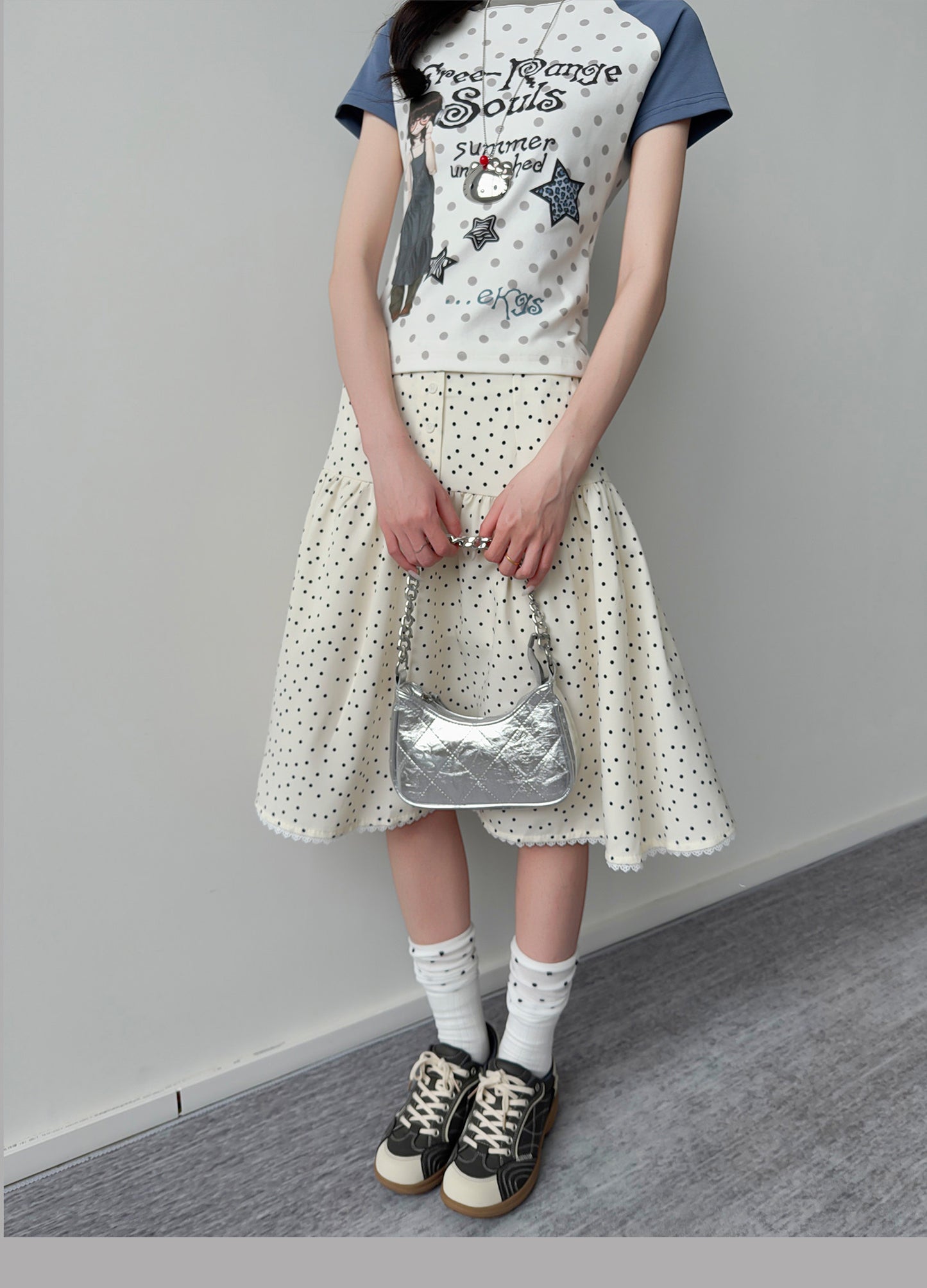 Polka Dot Button Tiered Midi Skirt