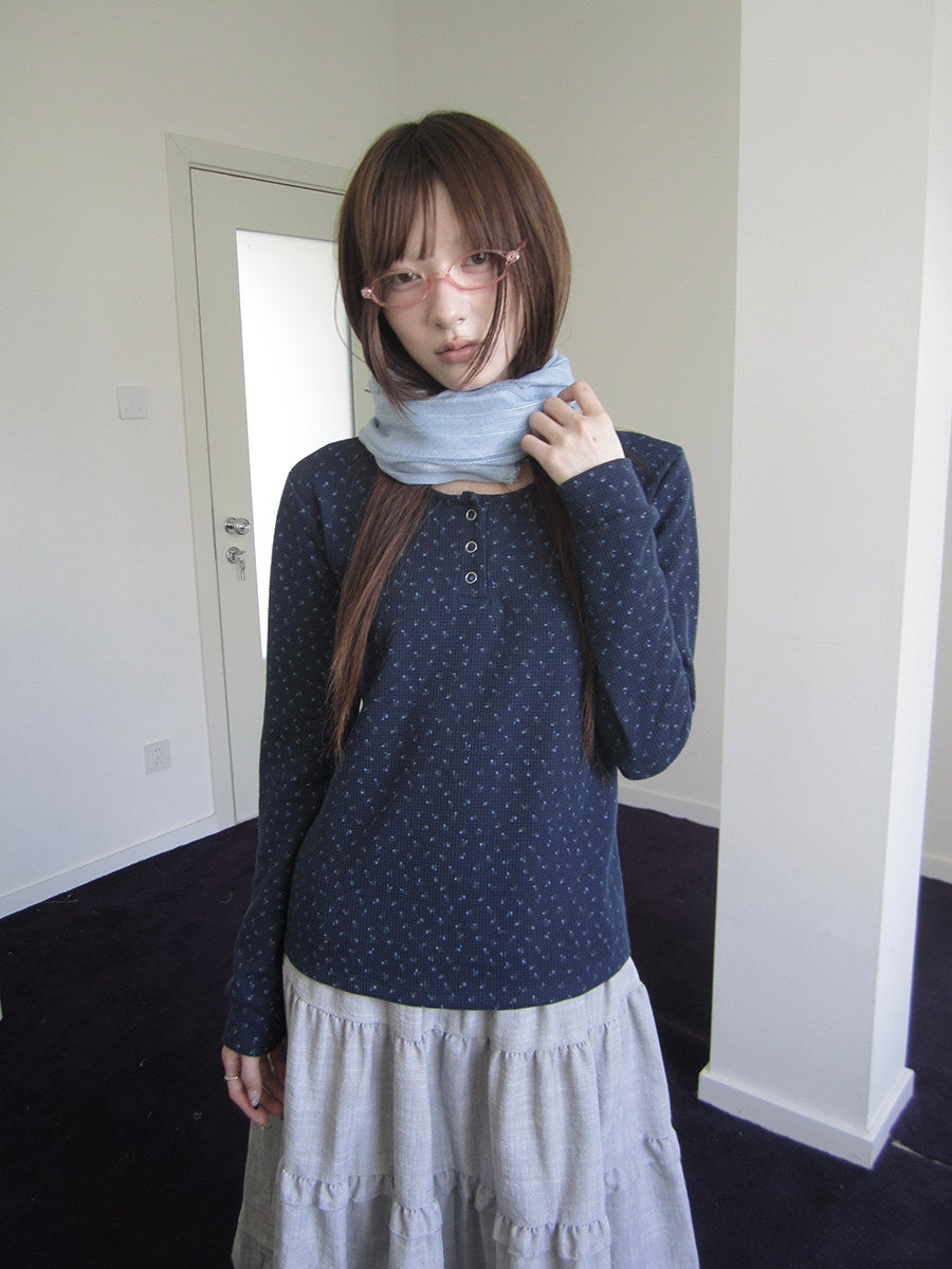 Tiny Floral Waffle Henley Long Sleeve Top