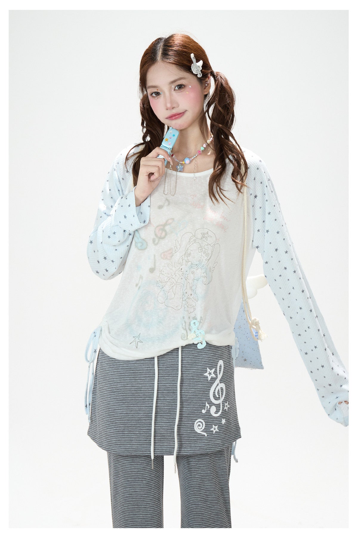 Dreamy Star Raglan Long Sleeve Top & Gray Striped Star Flare Pants
