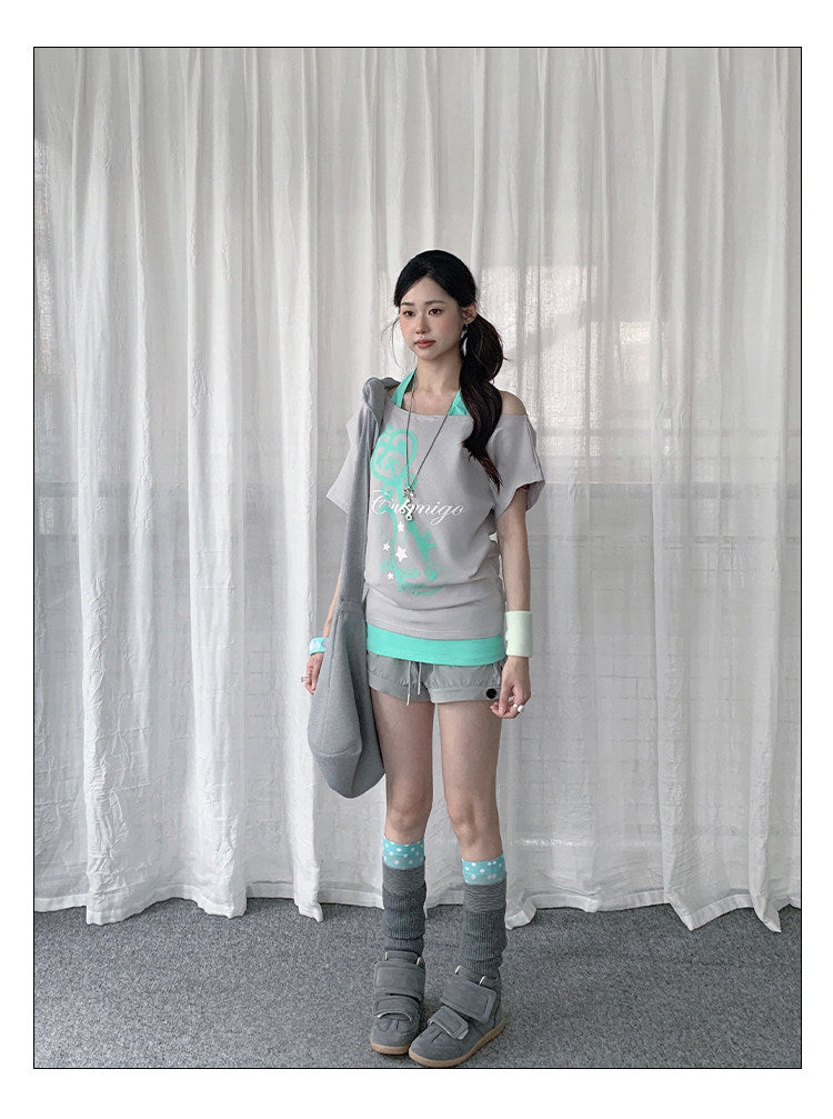 Off-Shoulder Layered Halter Tee