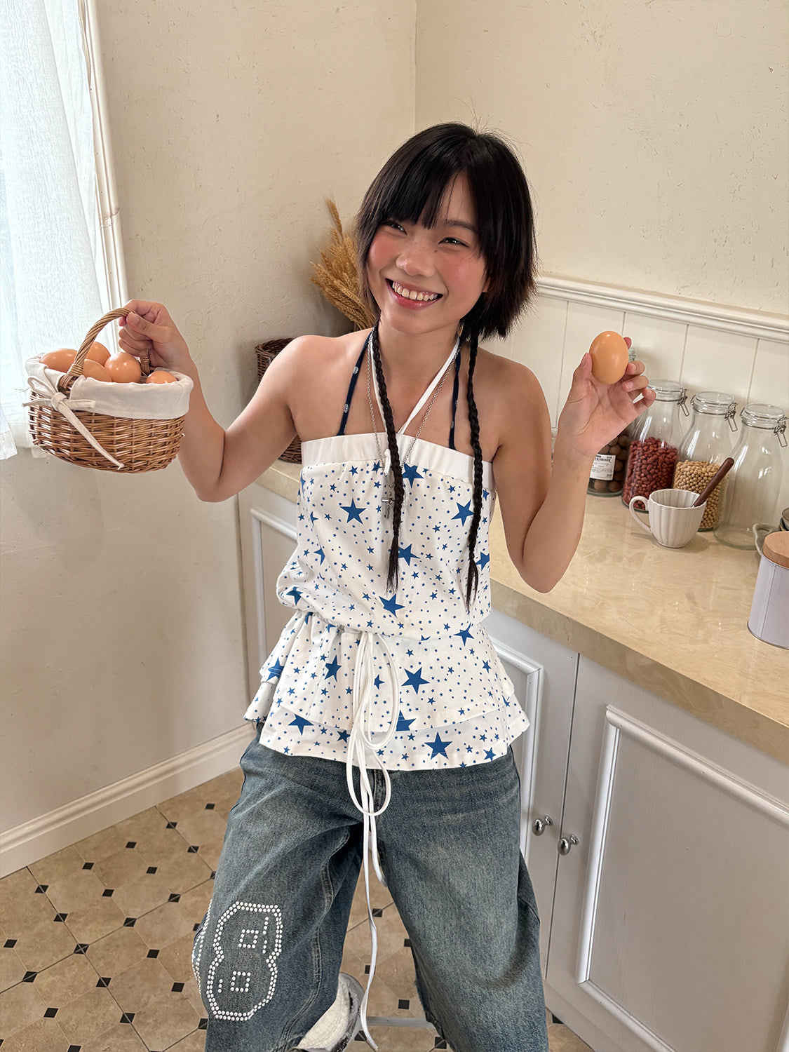 Blue Star Halter Ruffle-Hem Cami Top