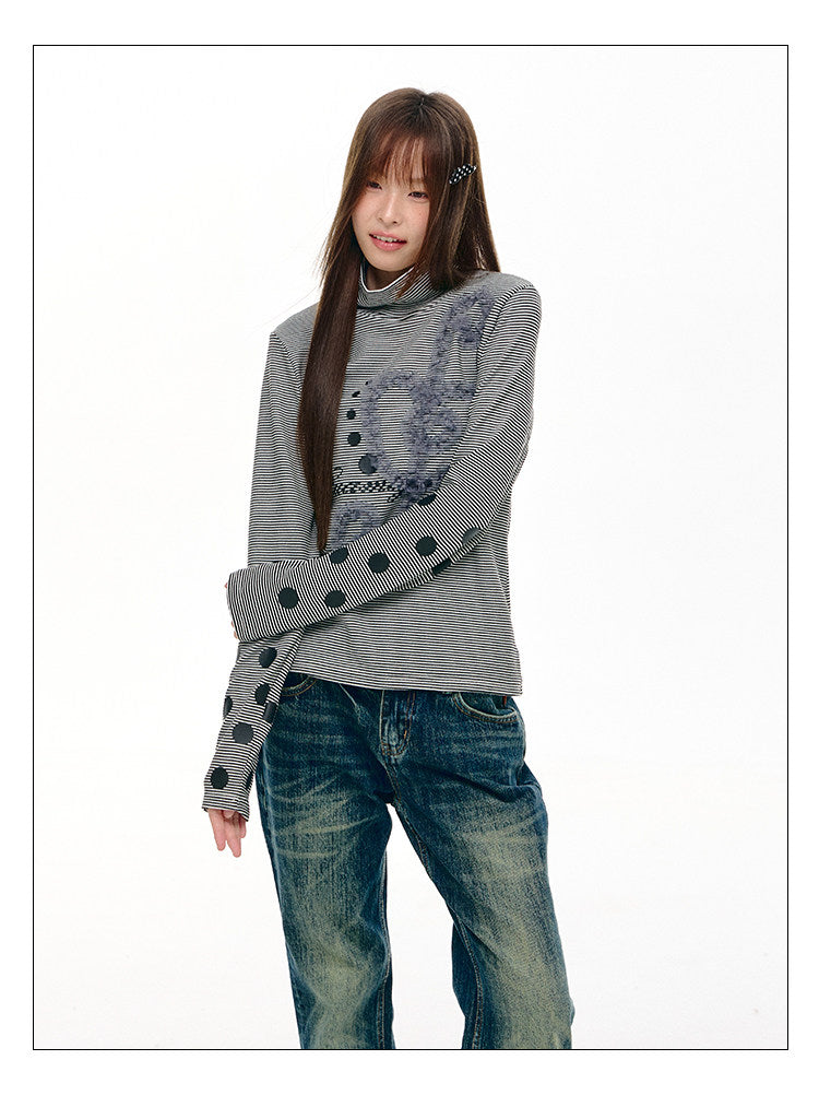 Lace Music Note Appliqué Mock Neck Long Sleeve Top