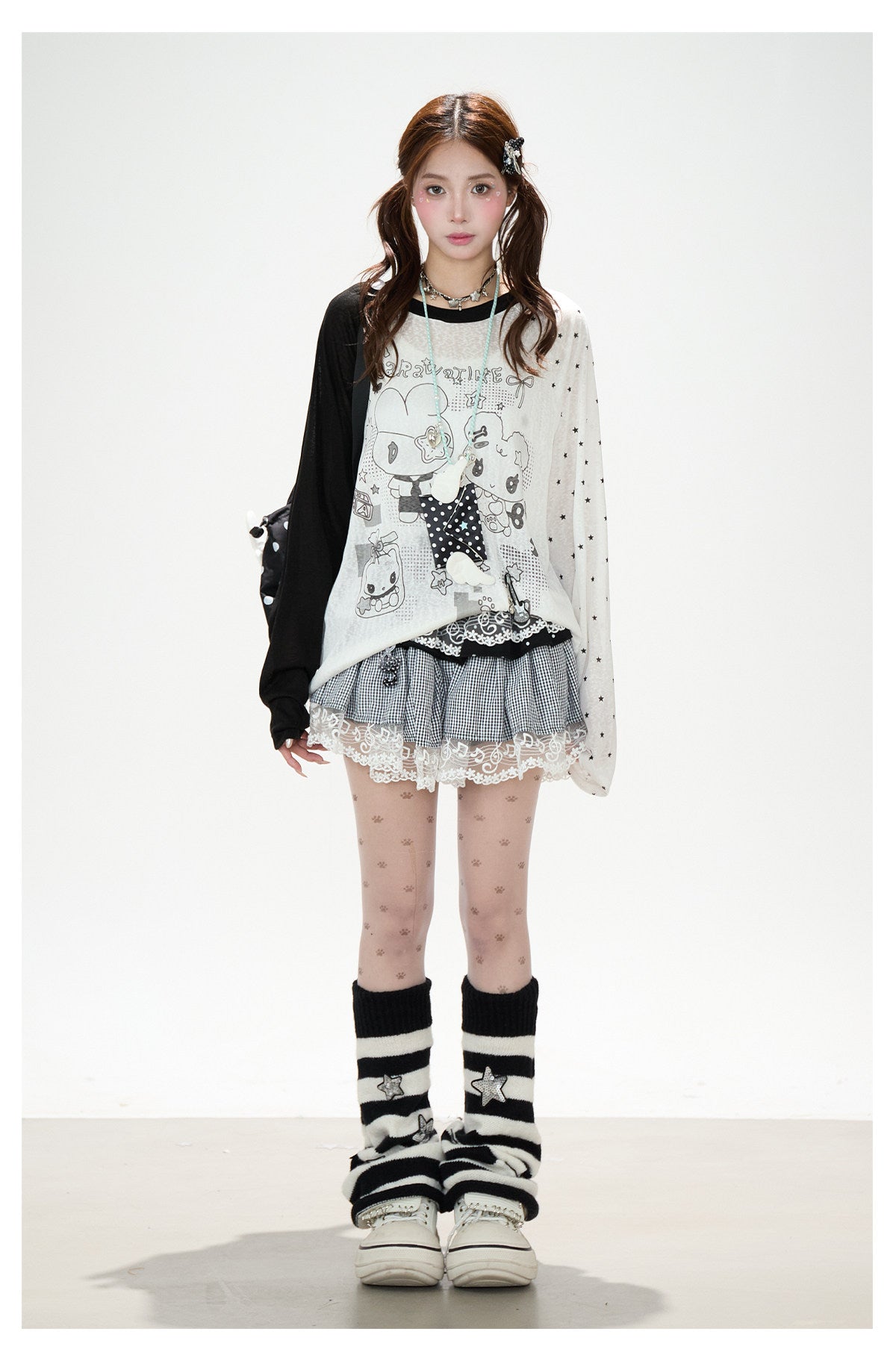 Cartoon Star Sheer Long Sleeve Top & Black Music Lace Gingham Mini Skirt