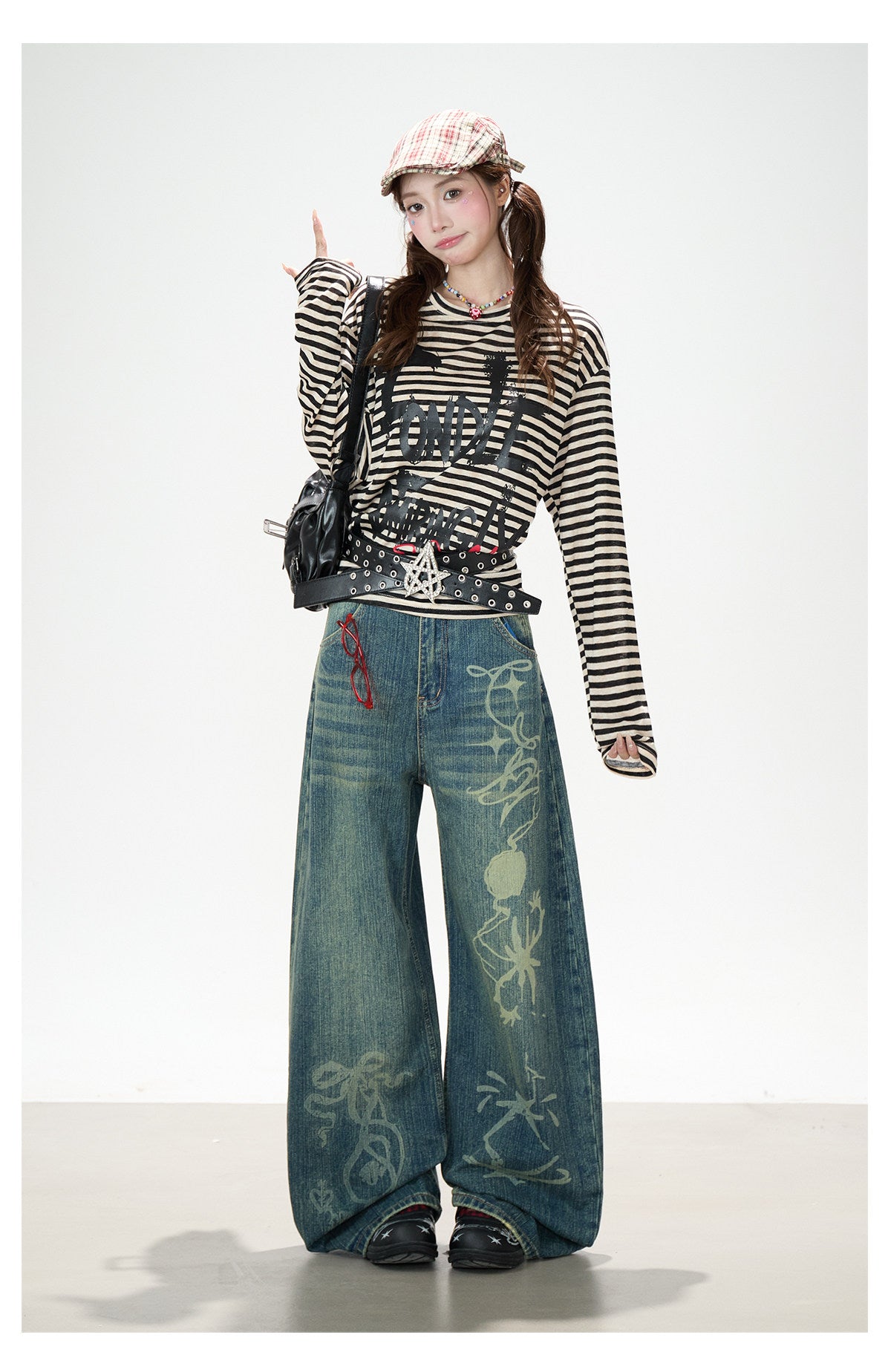 Distressed Striped Long Sleeve Top & Graphic Wide-Leg Pants
