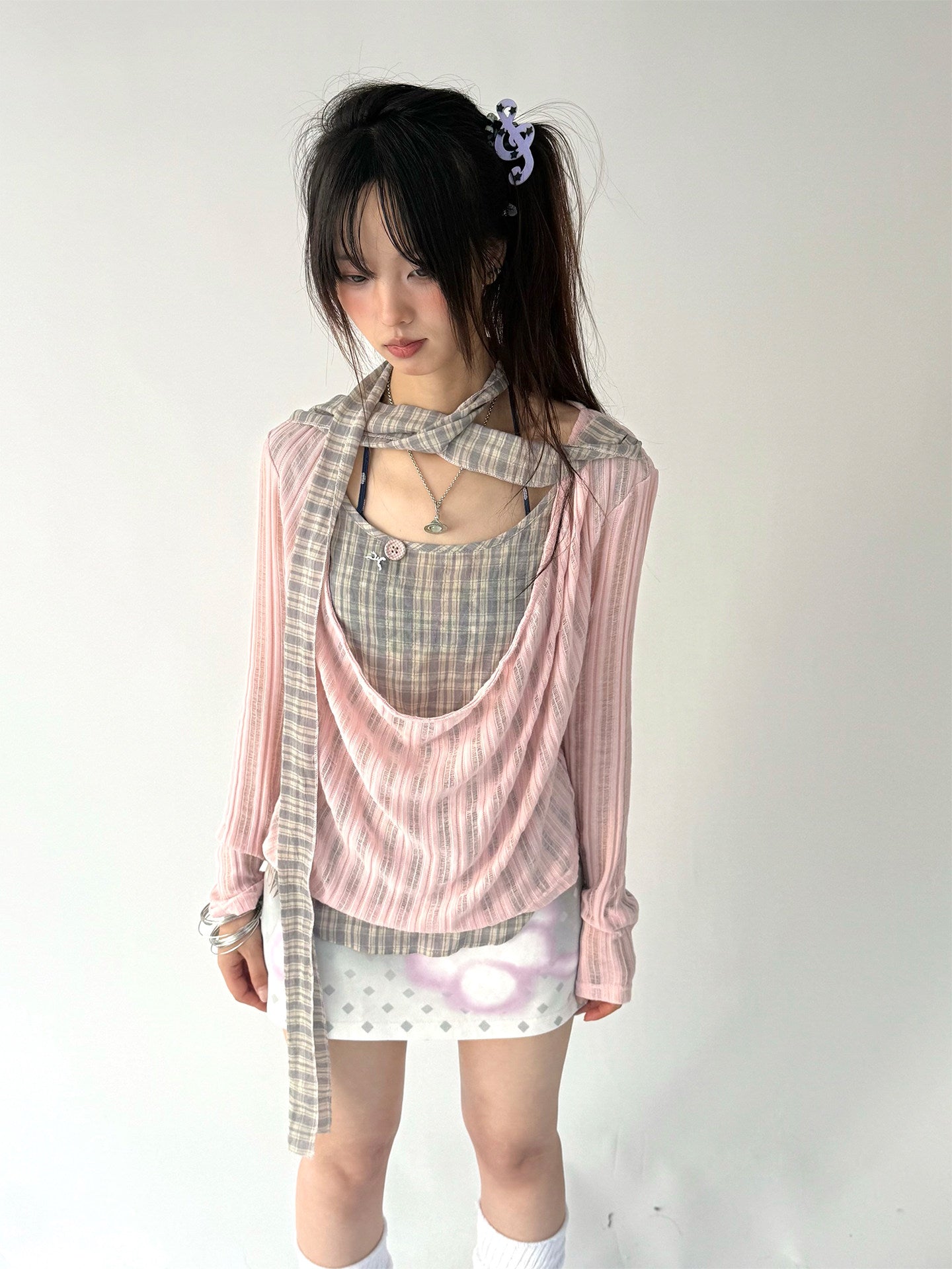 Dusty Pink Plaid Cowl-Neck Layered Top