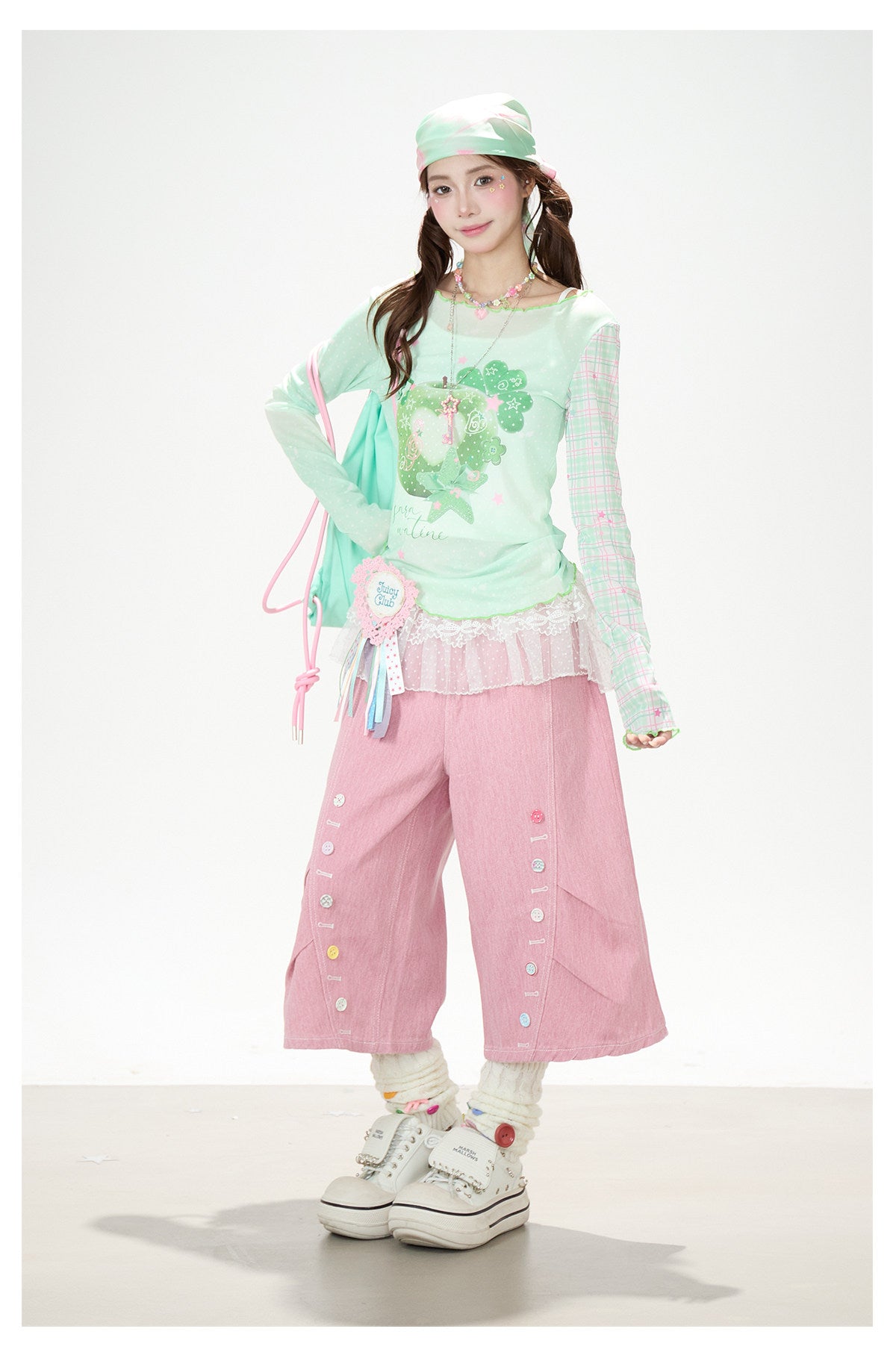 Apple Plaid Mesh Long Sleeve Top & Pink Polka Dot Wide Leg Pants