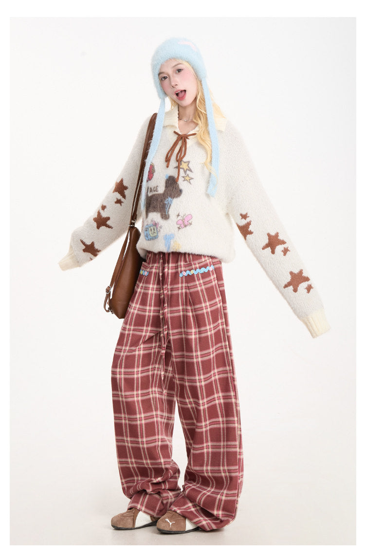 Puppy Graphic Bow-Collar Oversized Knit Sweater