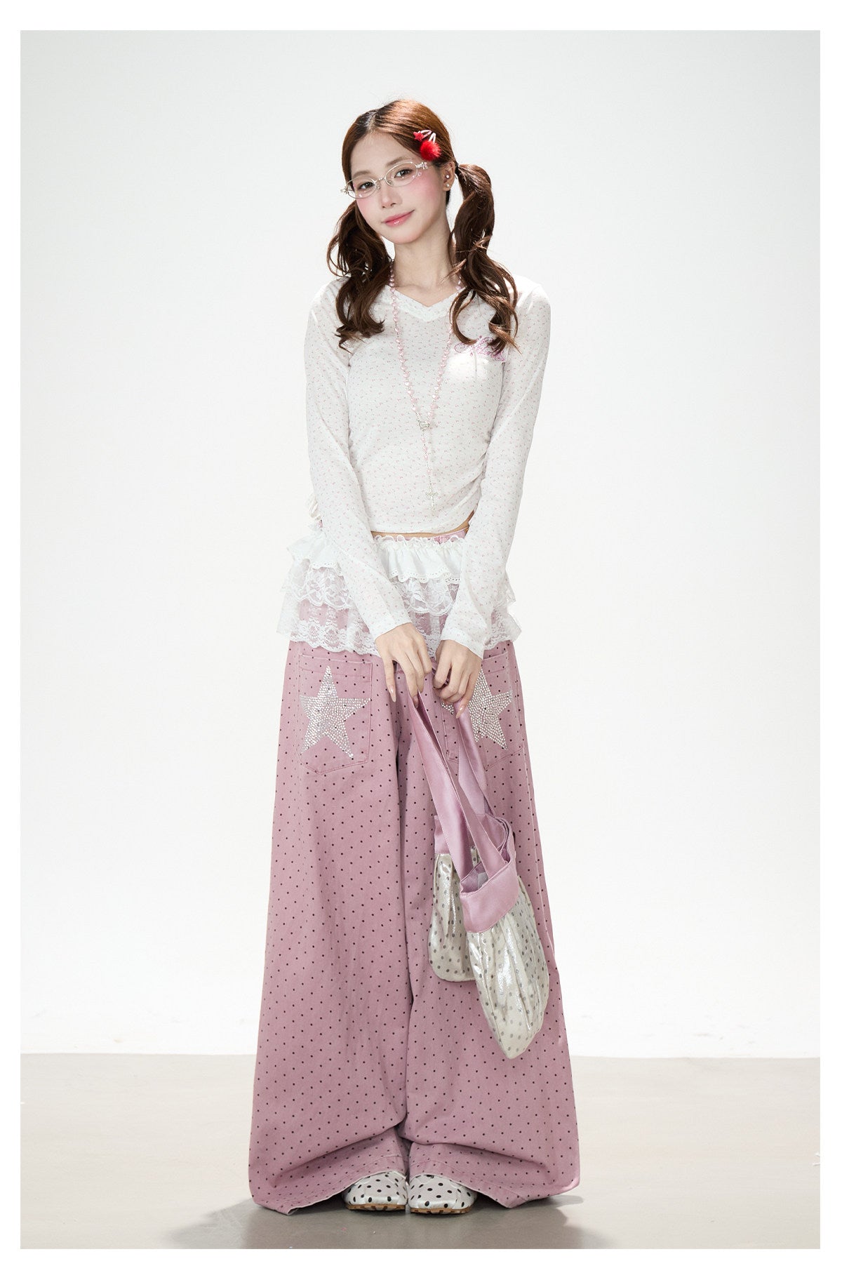 Star Rhinestone Polka Dot Wide-Leg Jeans
