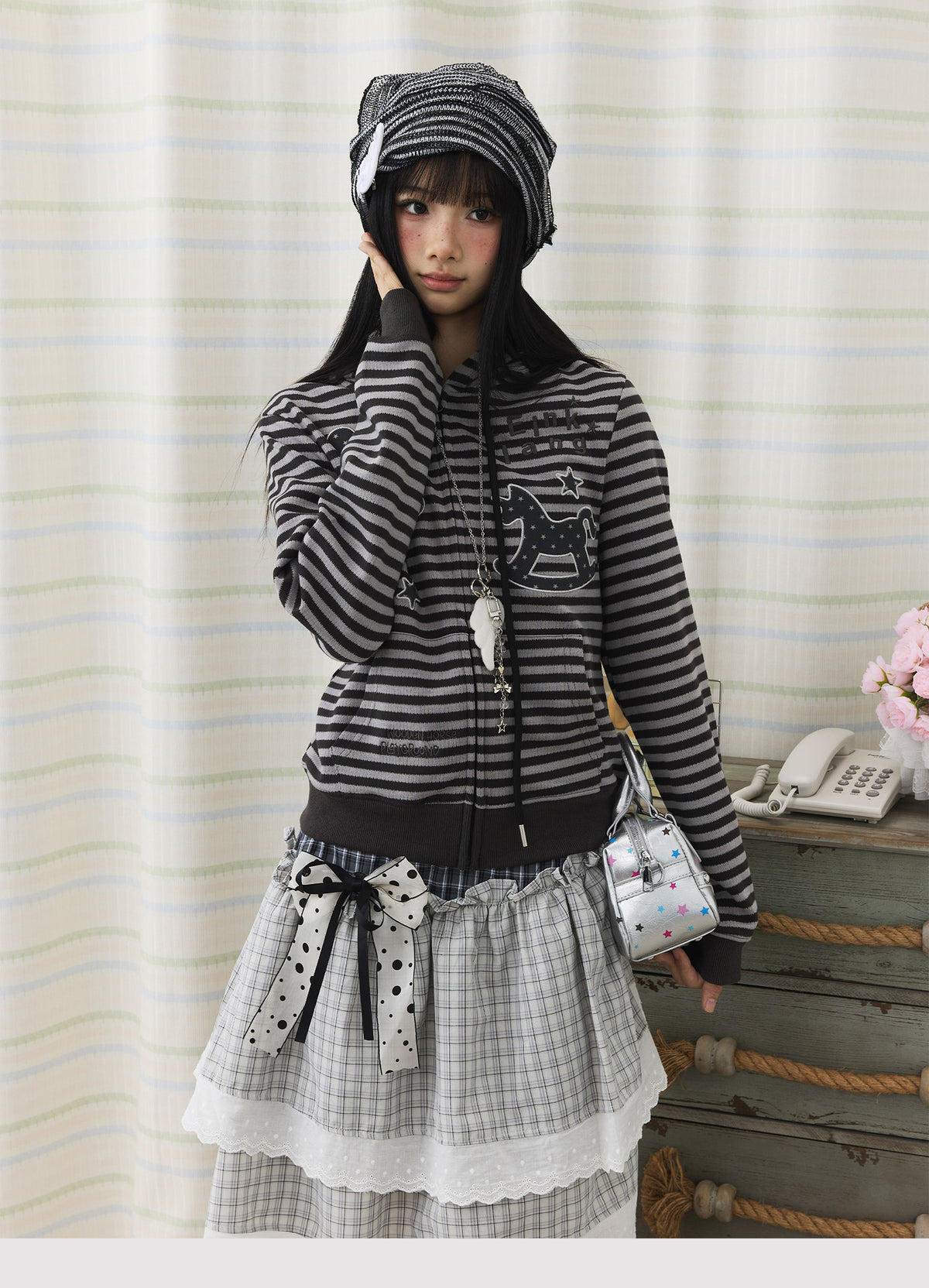 Striped Rocking Horse Embroidered Zip-Up Hoodie