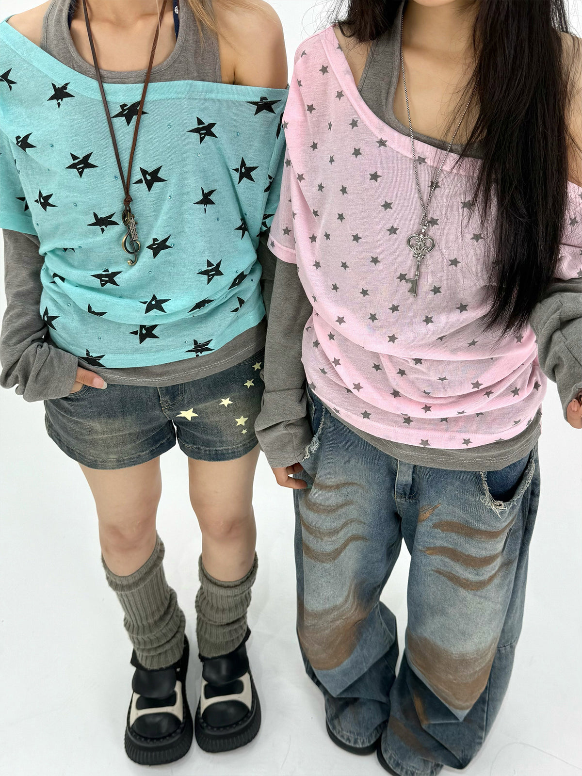 Star Print Faux-Layered Off-Shoulder Long Sleeve Top