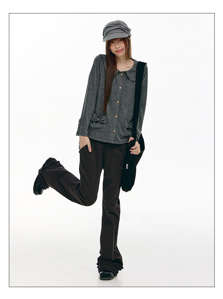 Charcoal Polka Dot Peter Pan Collar Button Shirt