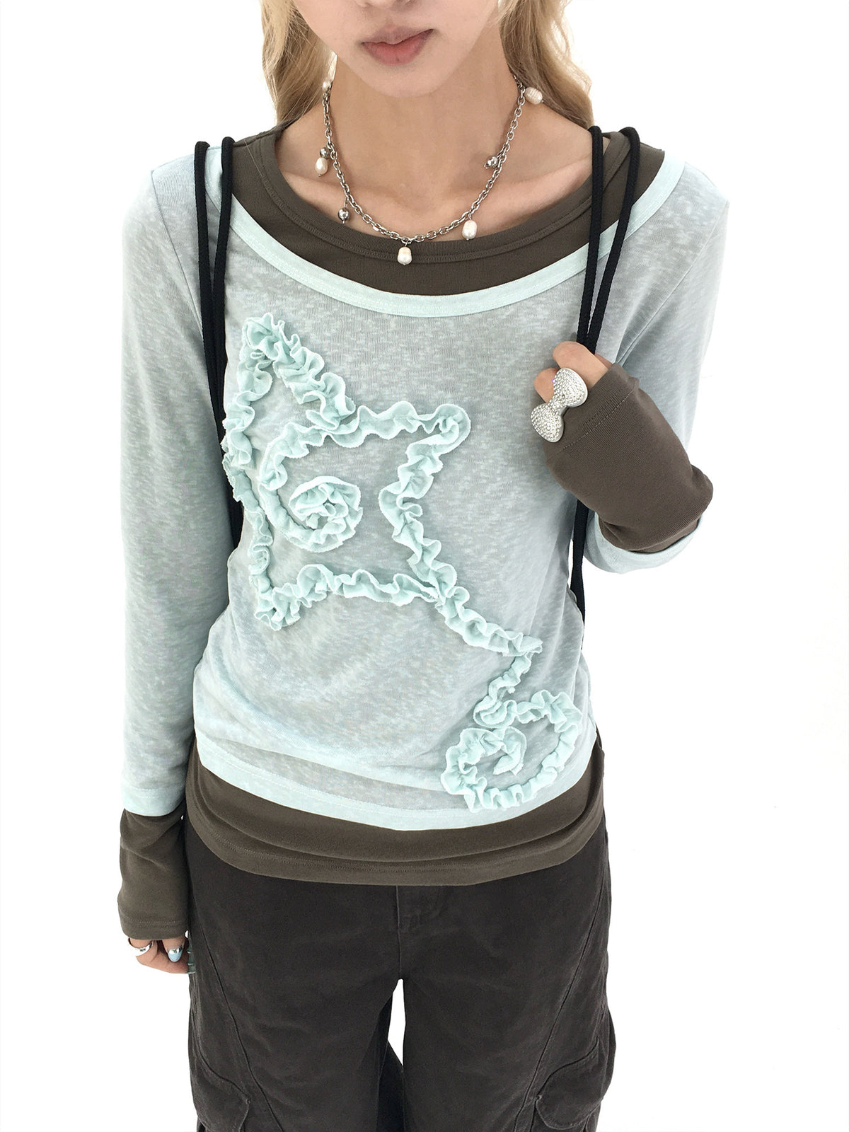Mist Aqua Ruffle Star Faux-Layer Long Sleeve Top