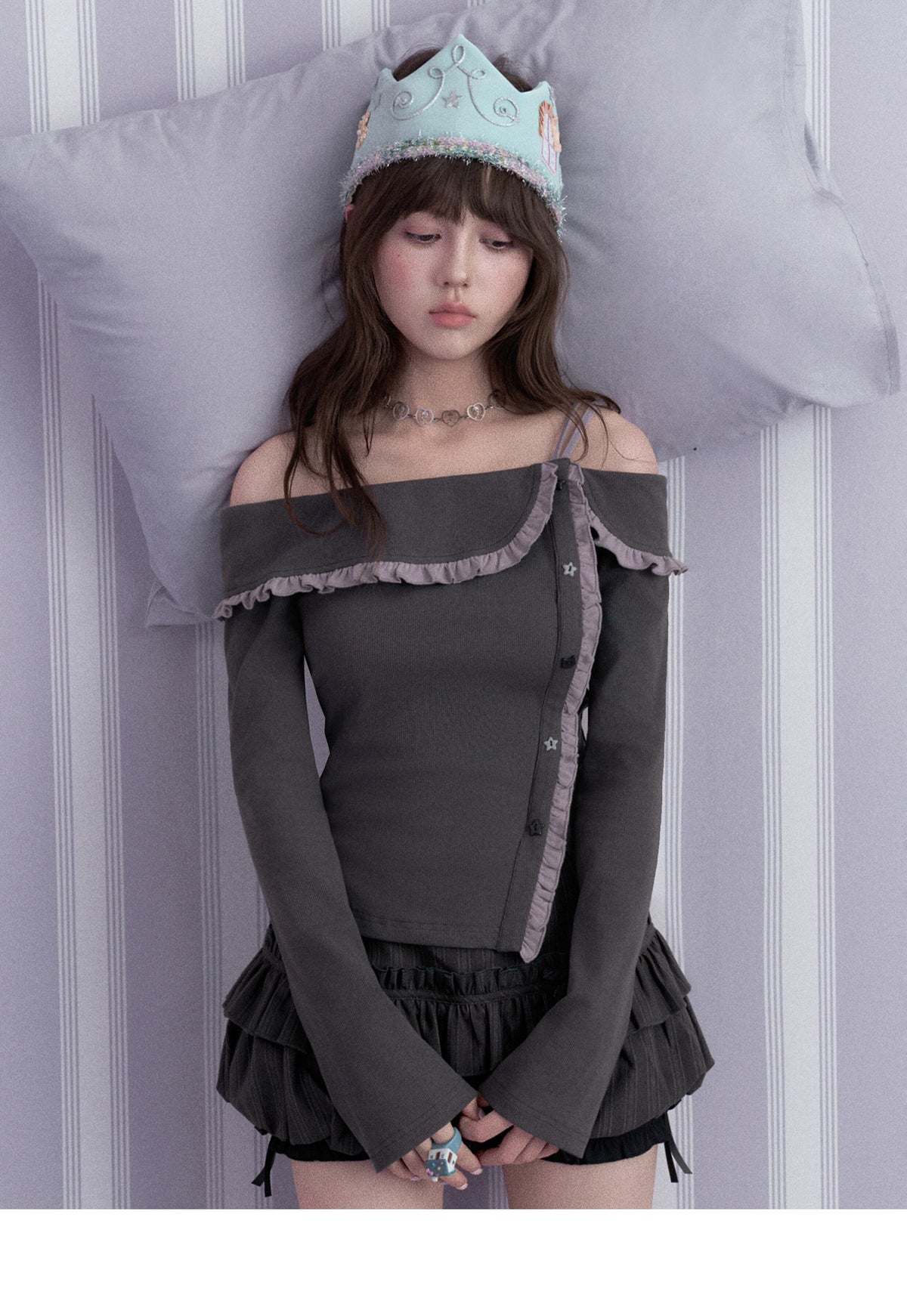 Double-Waist Pinstripe Ruffle Bubble-Hem Skort