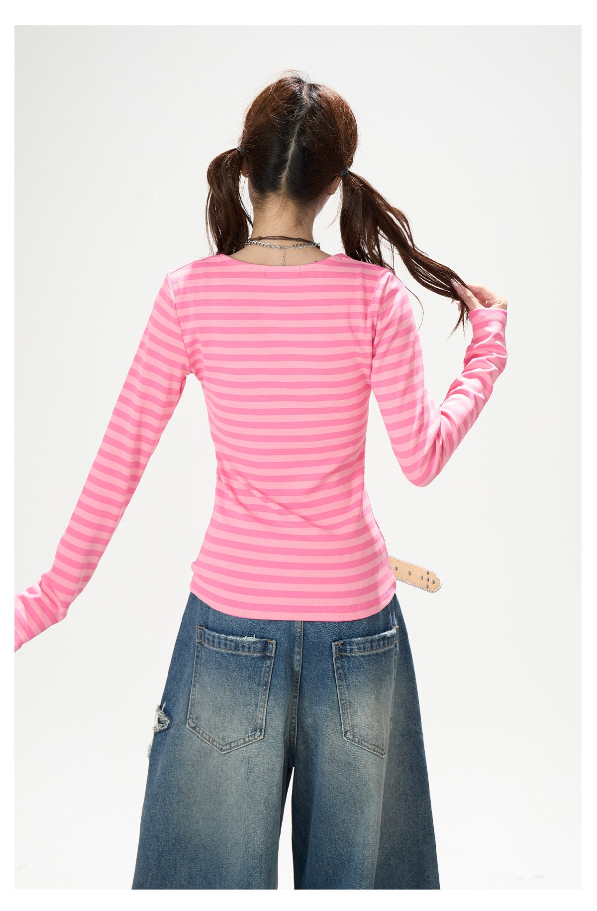 Pink Stripe U-Neck Long Sleeve Top & Star Patch Wide-Leg Jeans