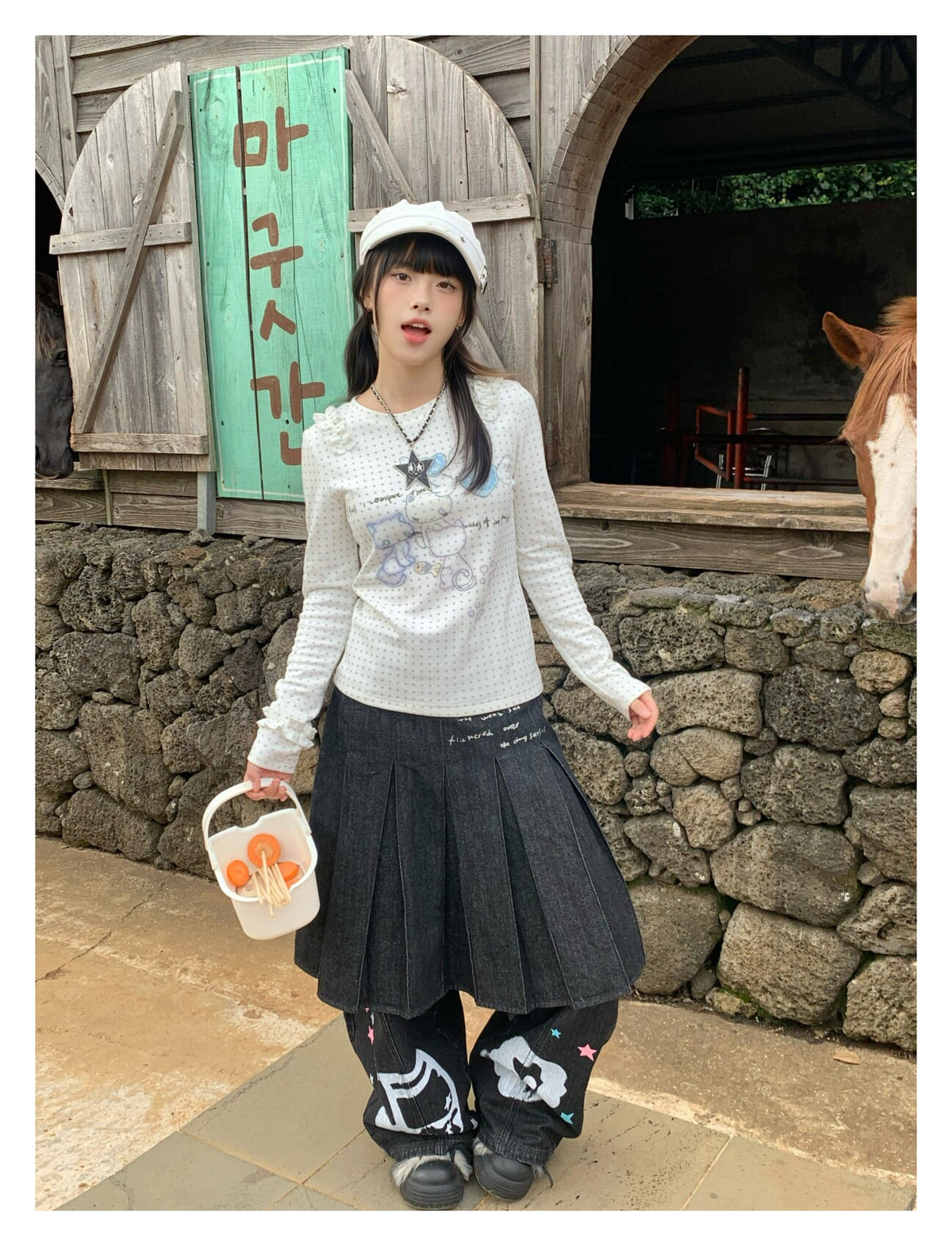 Cat Party Polka Dot Ruffle Long Sleeve Top