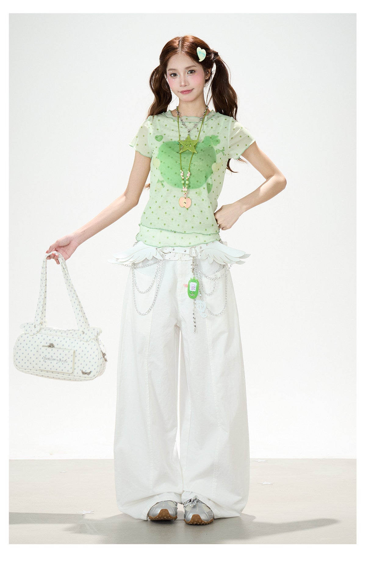 Star Mesh Baby Tee & White Wide-Leg Pants