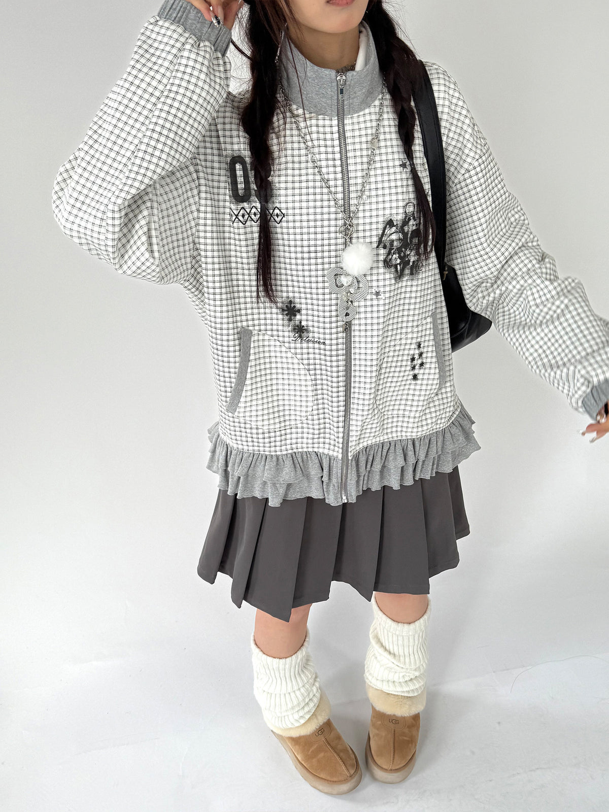 Sugar Check Graphic Ruffle-Hem Zip-Up Jacket
