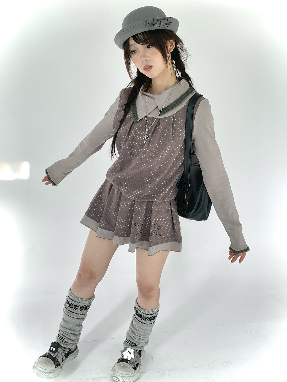 Gray Khaki Polka Dot Faux-Layer Pleated Mini Dress