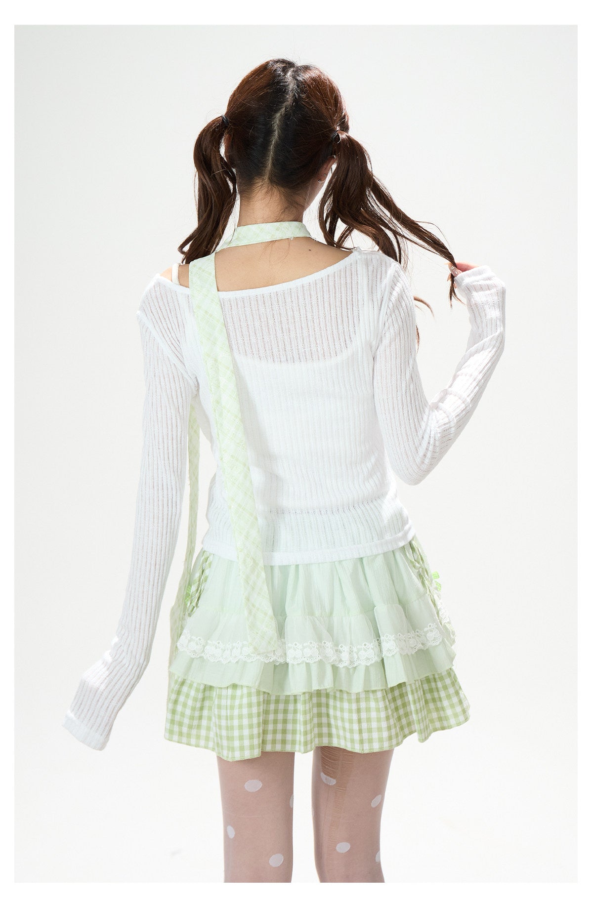 Mint Gingham Layered Knit Long Sleeve Top & Cherry Ruffle Mini Skirt