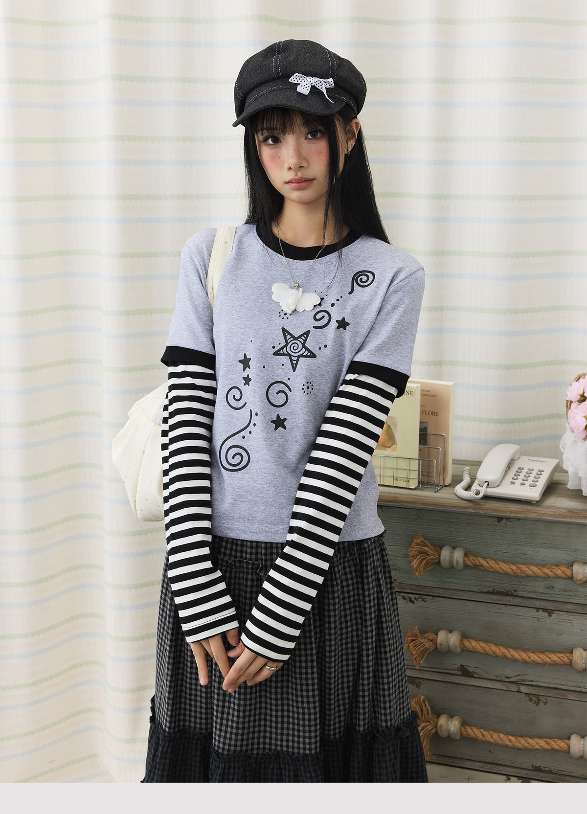 Star Swirl Striped Faux-Layer Long Sleeve Top