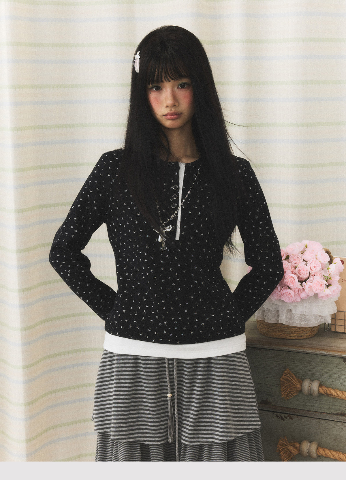 Floral Henley Faux-Layer Long Sleeve Top