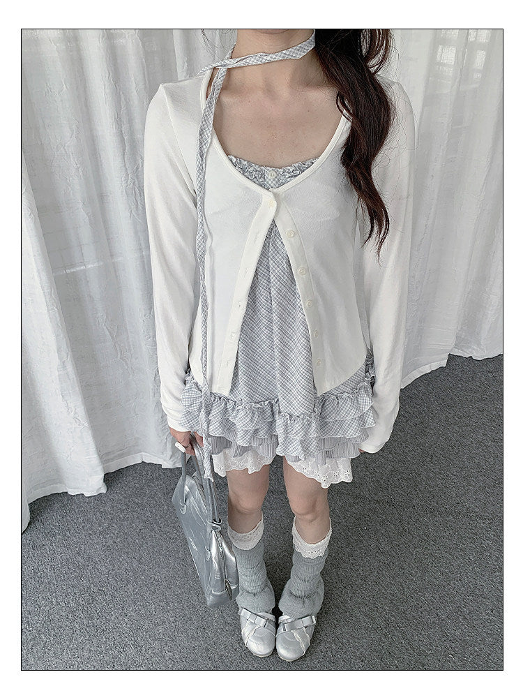 Ruffle Cami & Soft Cardigan Two-Piece Layered Top Set