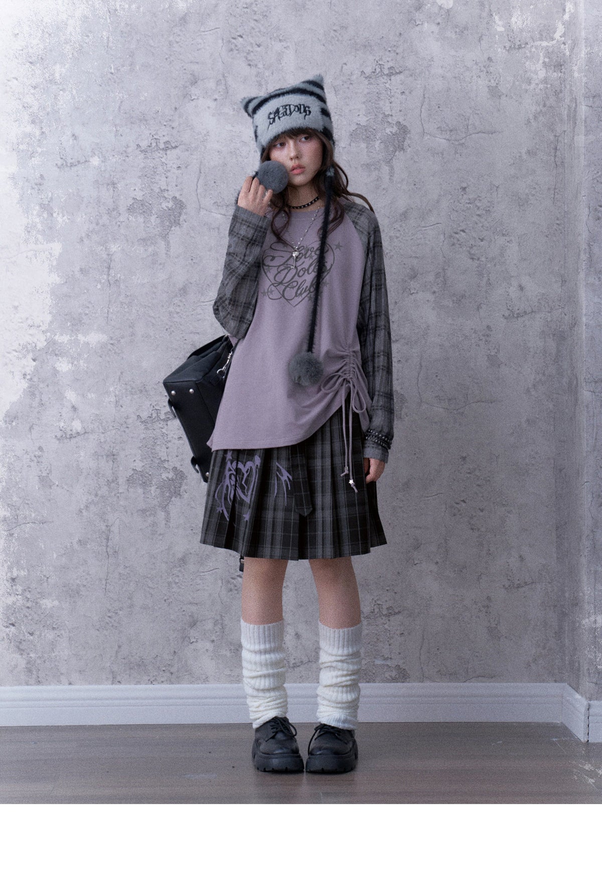 Double-Waist Graphic Plaid Pleated Midi Skirt