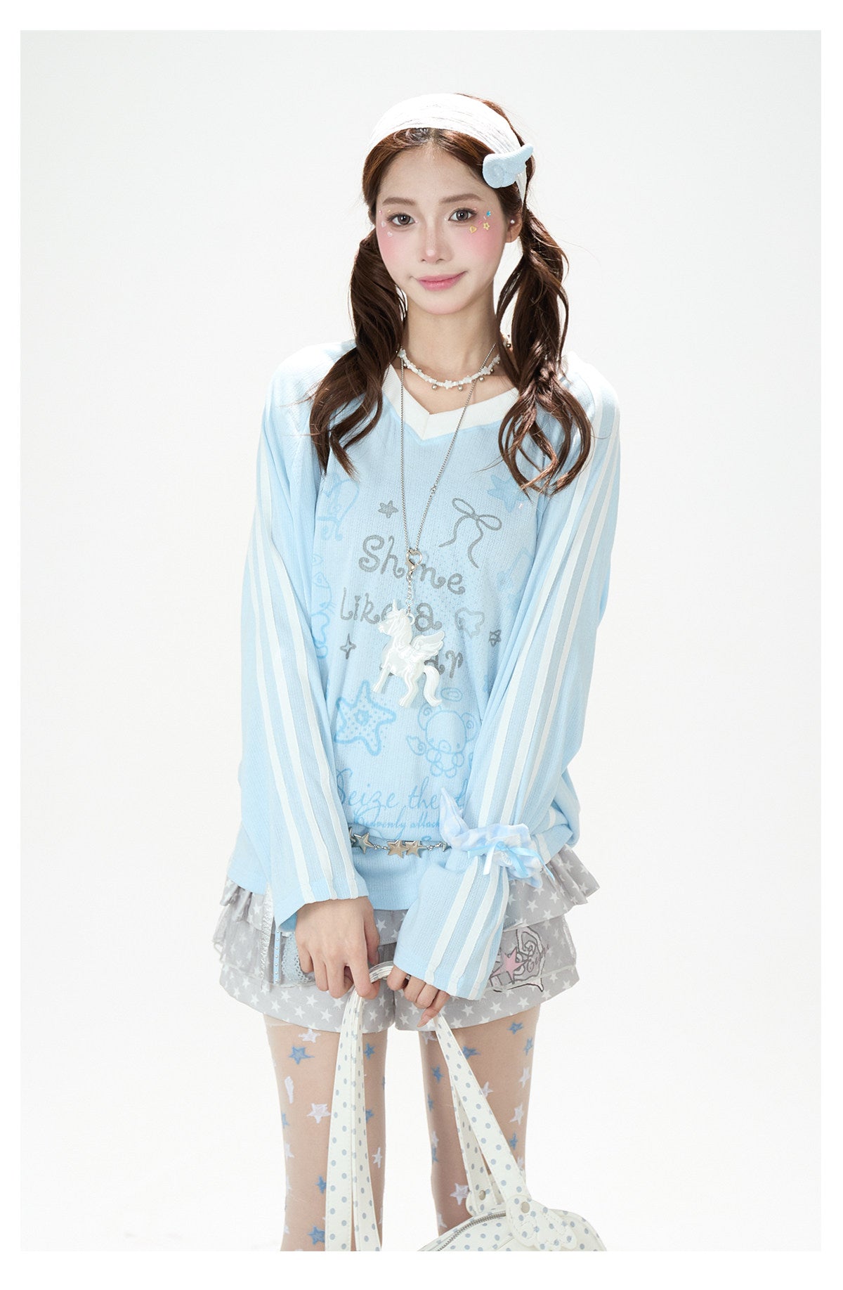 Dreamy Doodle V-Neck Long Sleeve Top & Polka Dot Tiered Ruffle Skirt