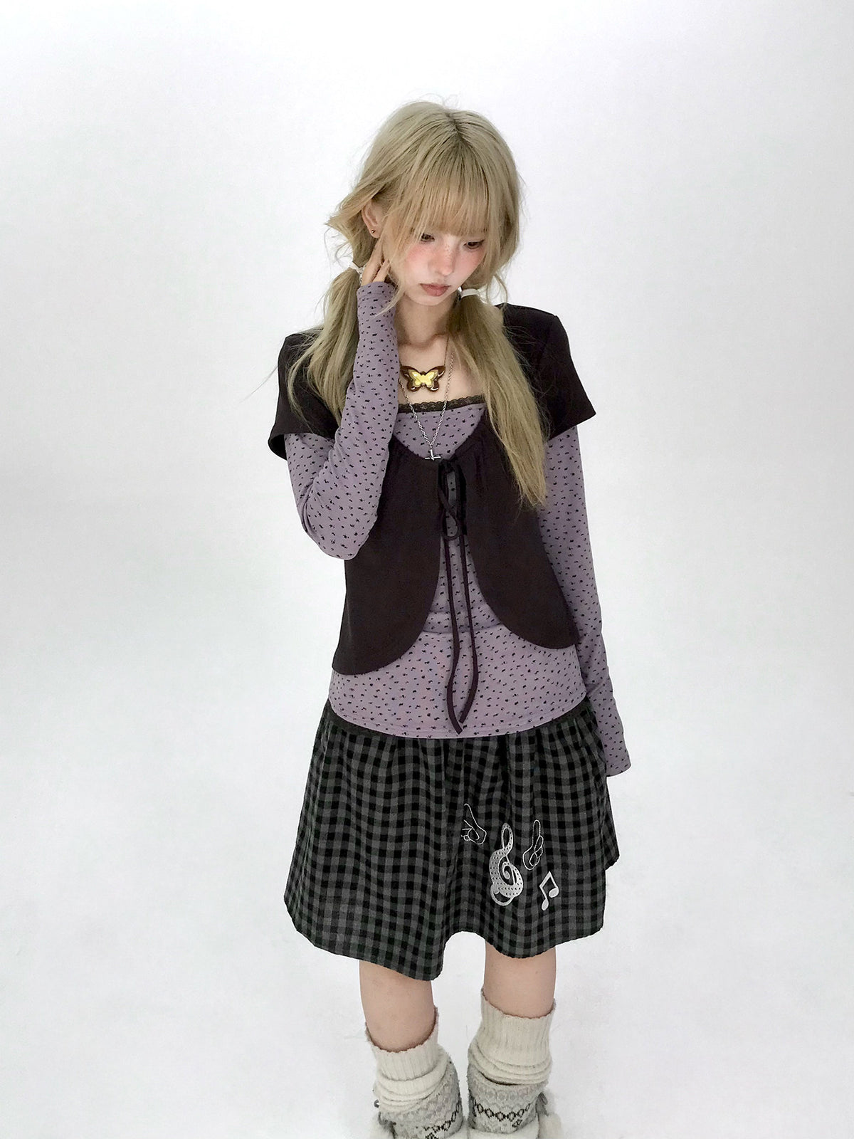 Striped Polka Dot Faux-Layered Button Long Sleeve Top
