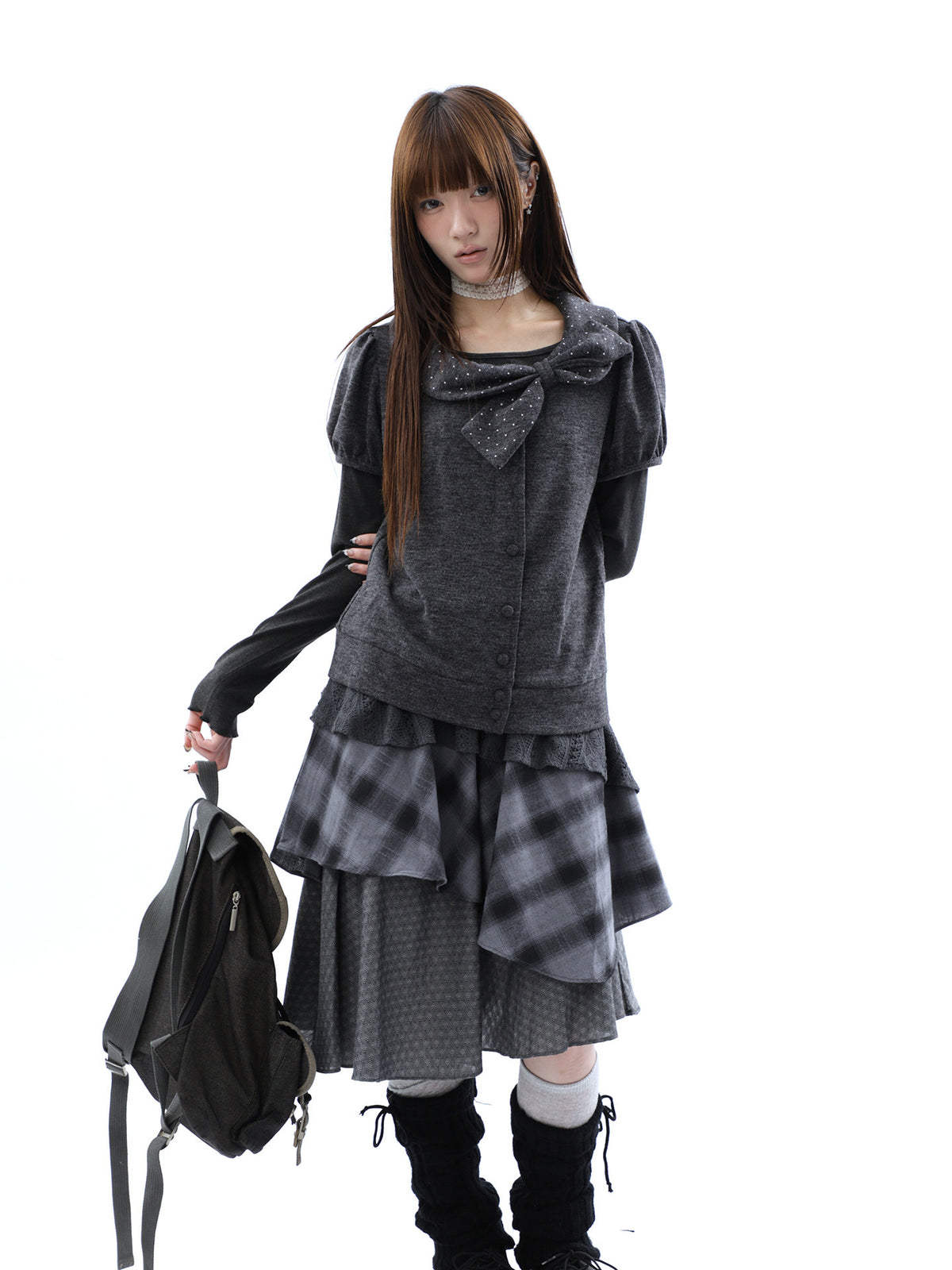 Polka Dot Bow Knit Top & Long Sleeve Two-Piece Set