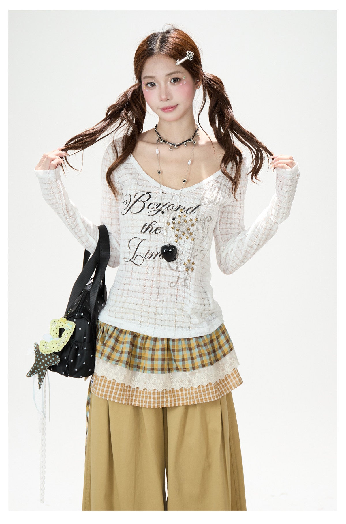 Beyond the Limits Sheer Grid Long Sleeve Top & Pony Star Wide-Leg Jeans