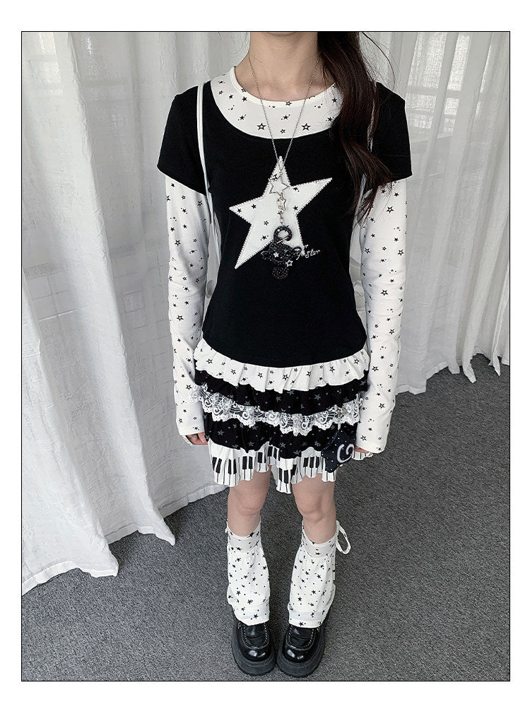 Star Appliqué Layered Long Sleeve Top