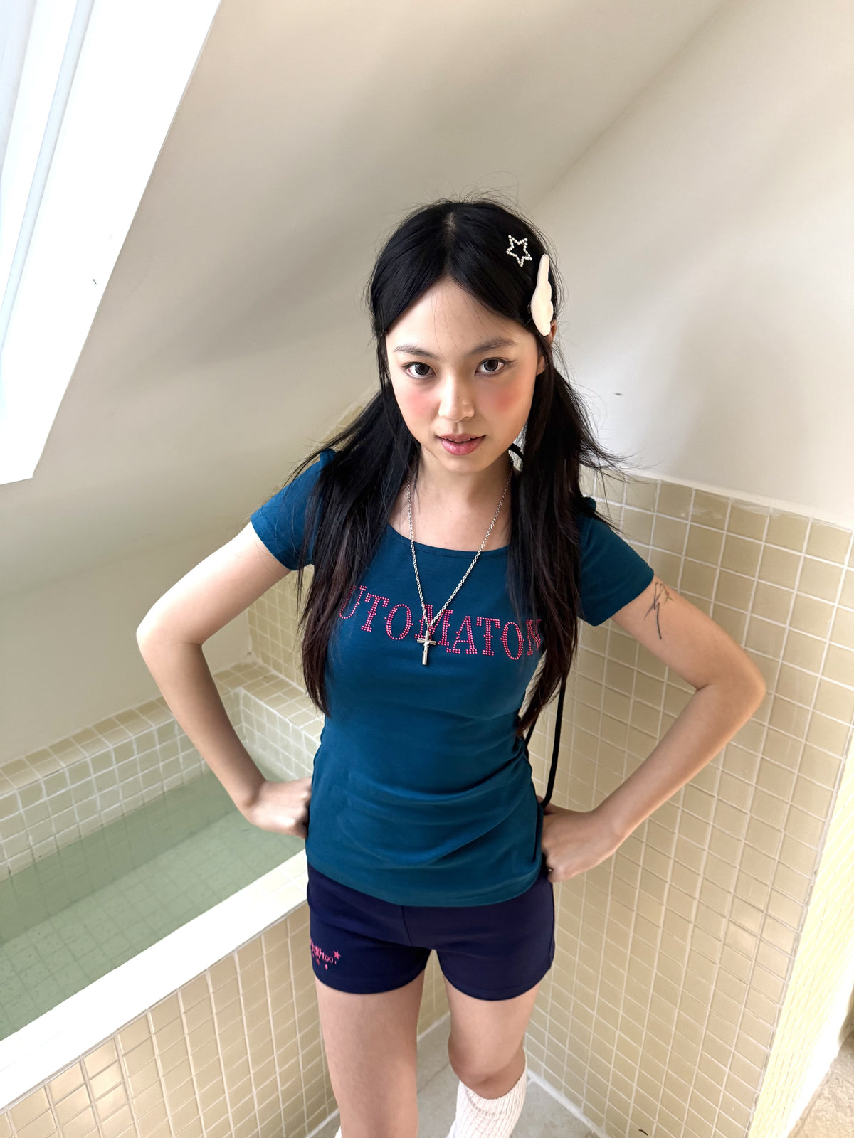 Dark Navy Rhinestone Letter Fitted Baby Tee