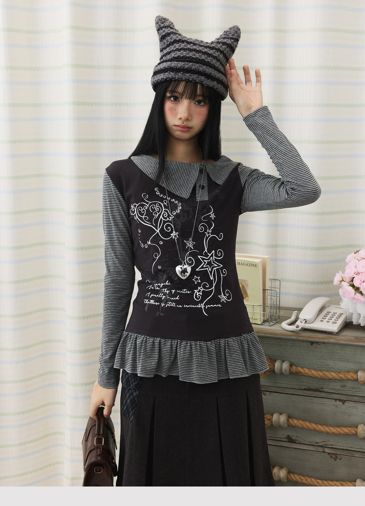 Graphic Stripe Faux-Layer Ruffle-Hem Long Sleeve Top