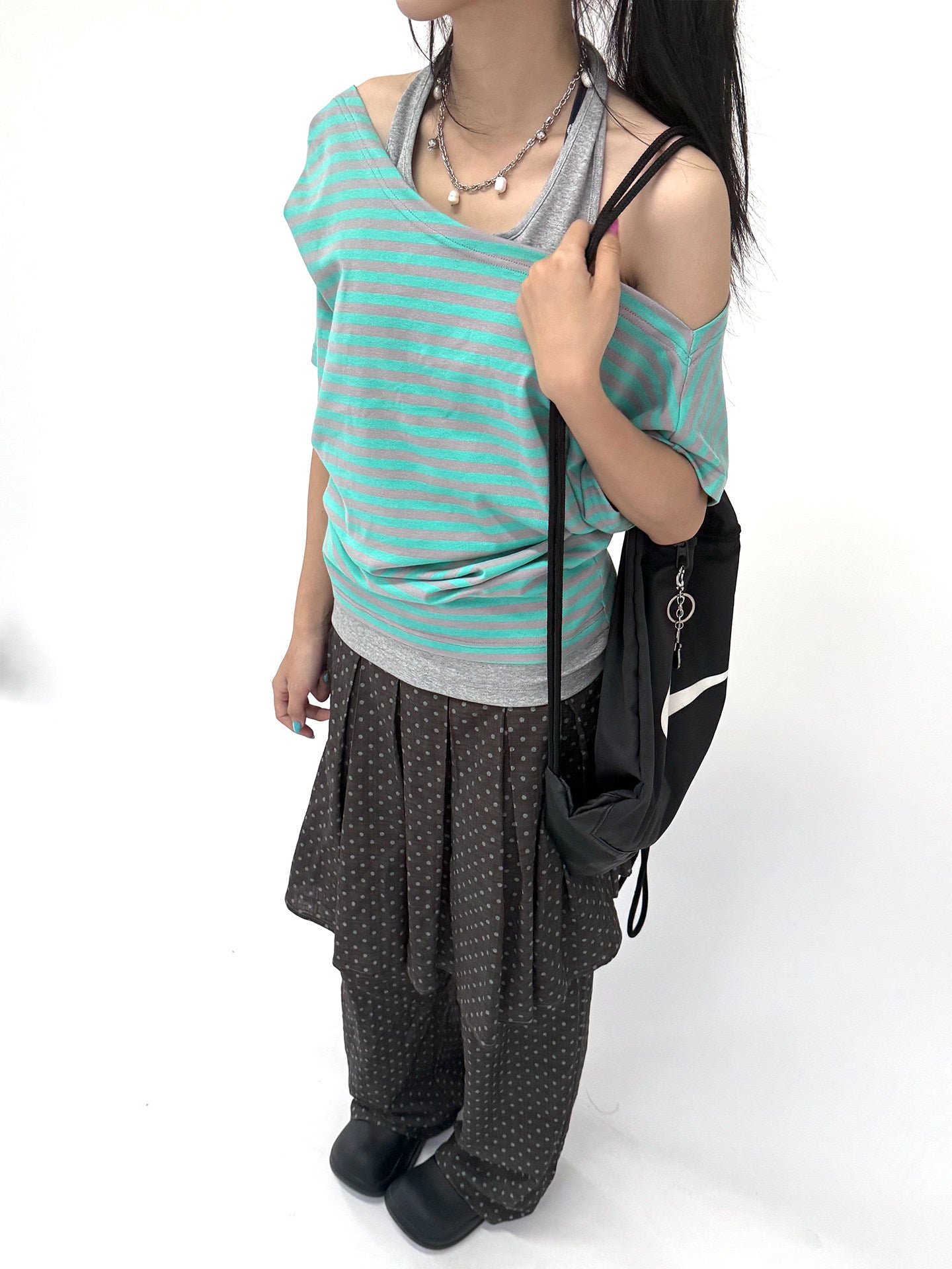 Mint Stripe Off-Shoulder Layered Halter Tee
