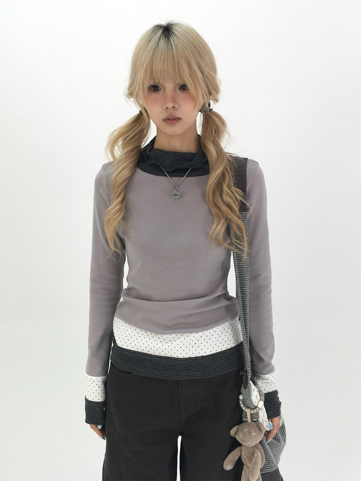 Mist Gray Polka Dot & Stripe Faux-Layer Long Sleeve Top