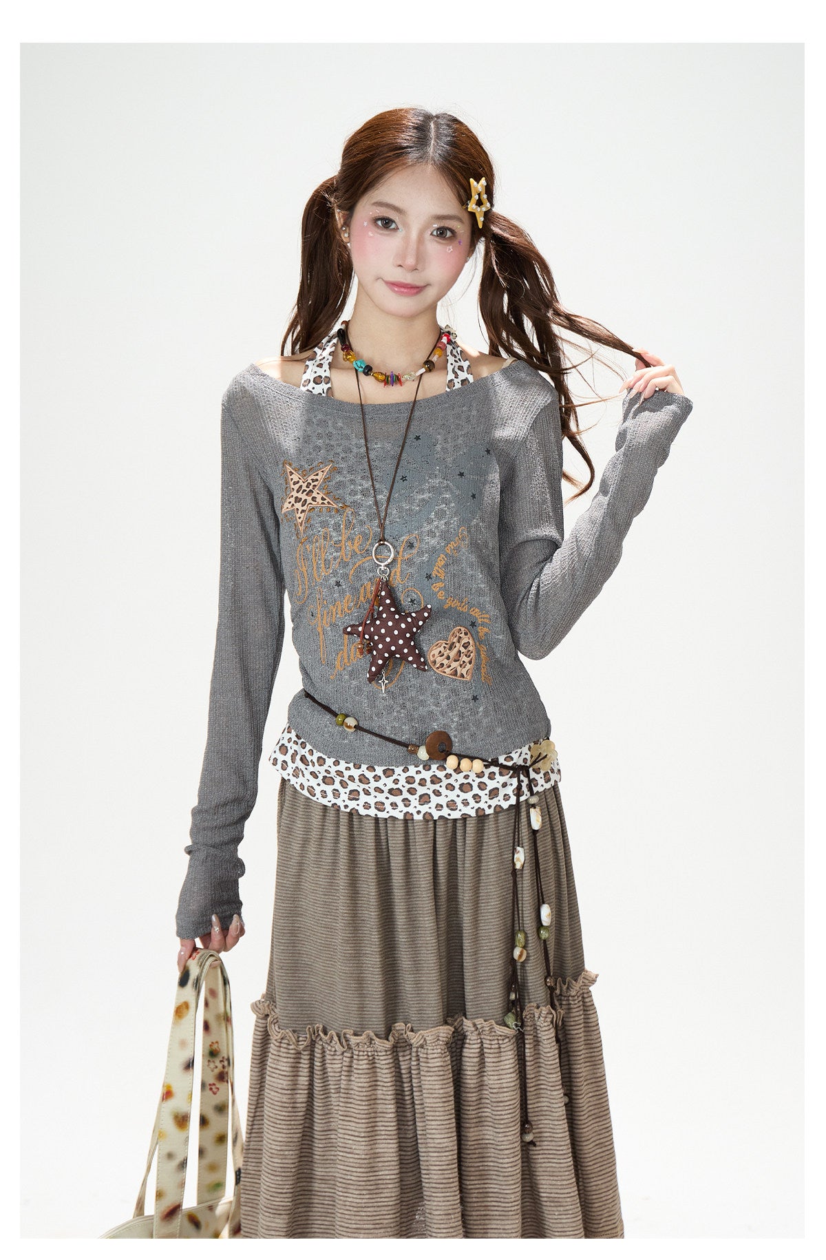 Leopard Layered Halter Long Sleeve Top & Pink Tiered Ruffle Mini Skirt