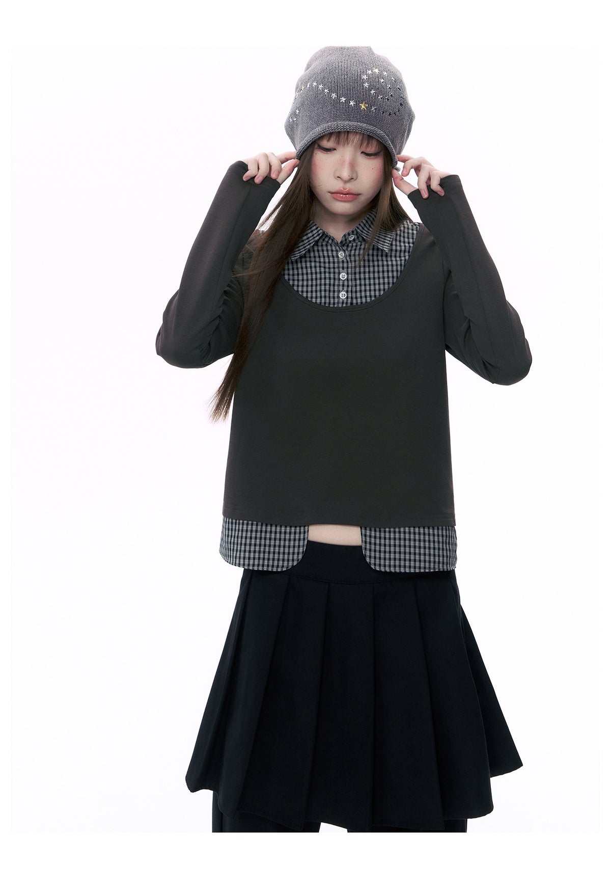 Plaid Collar Faux-Layer Long Sleeve Top