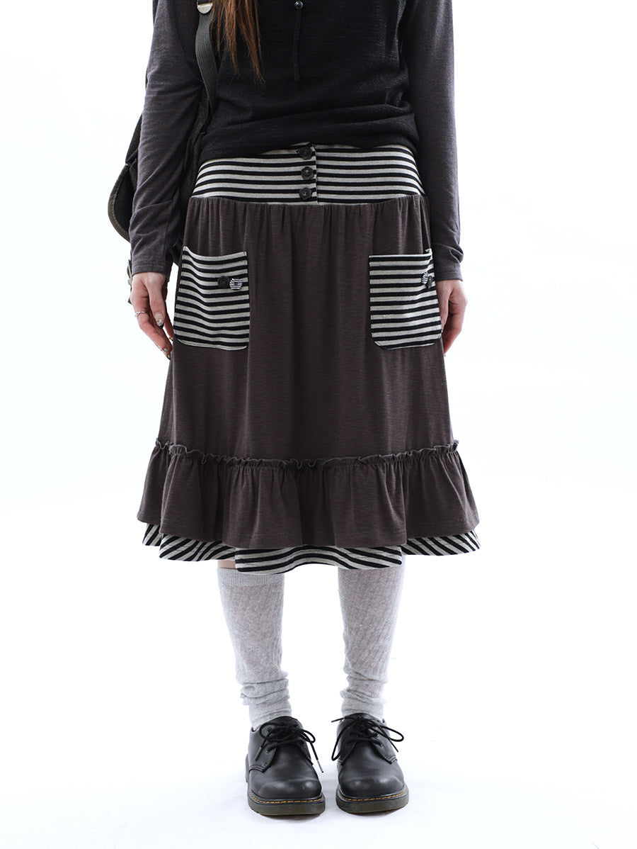 Striped Pocket Ruffle Layered Midi Skirt