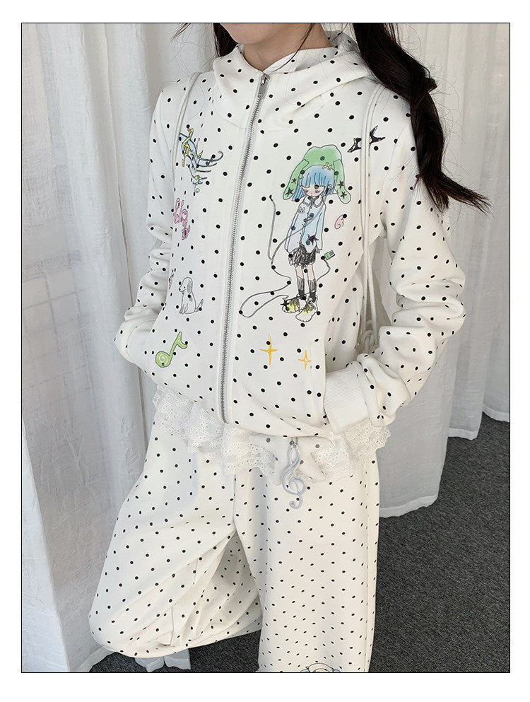 Polka Dot Devil-Horn Cartoon Girl Zip Hoodie