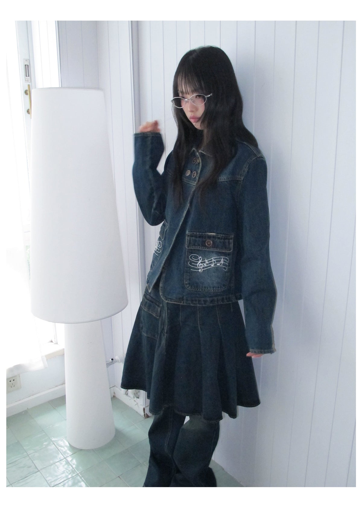 Washed Denim Utility Pleated Skirt