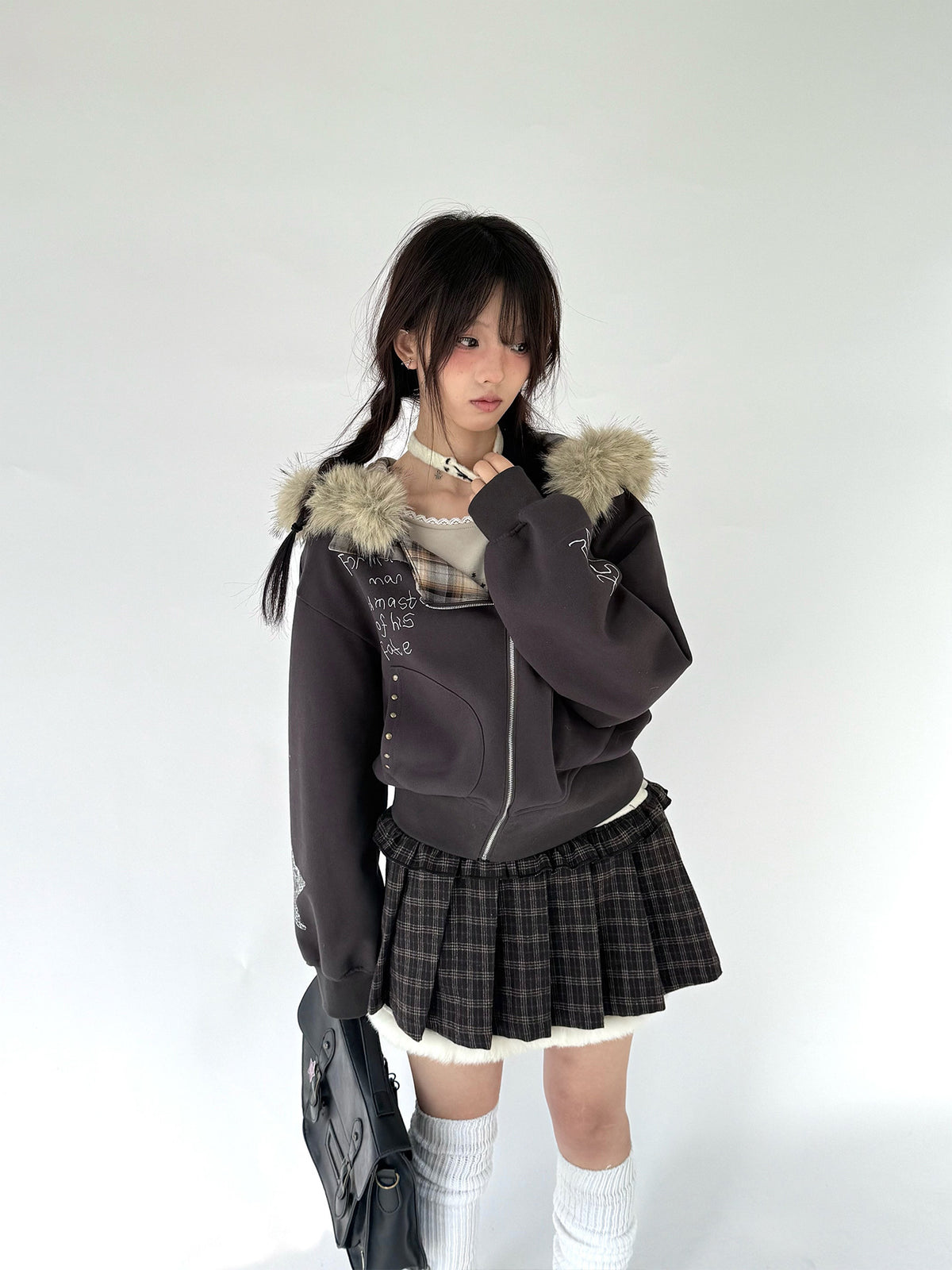 Brown Plaid Fuzzy-Trim Pleated Mini Skirt