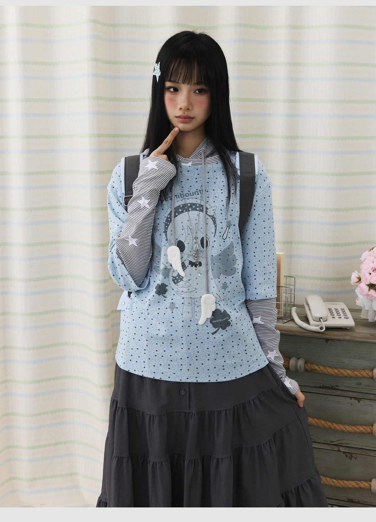 Cartoon Star Print Faux-Layer Hooded Top