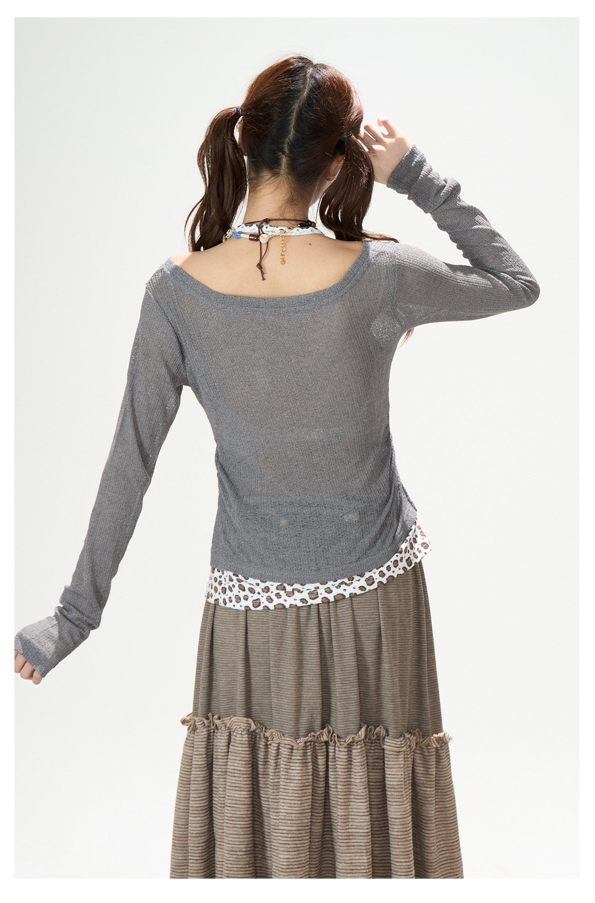 Leopard Faux-Layer Graphic Long Sleeve Top & Striped Tiered Ruffle Midi Skirt