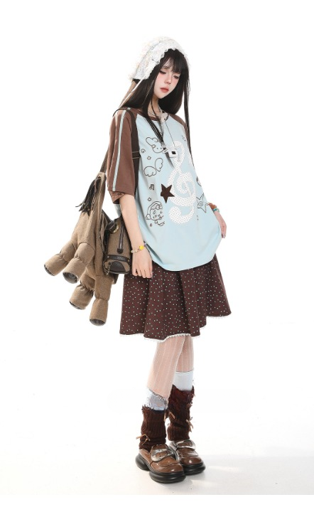 Music Note Star Raglan Tee — Oversized Short Sleeve