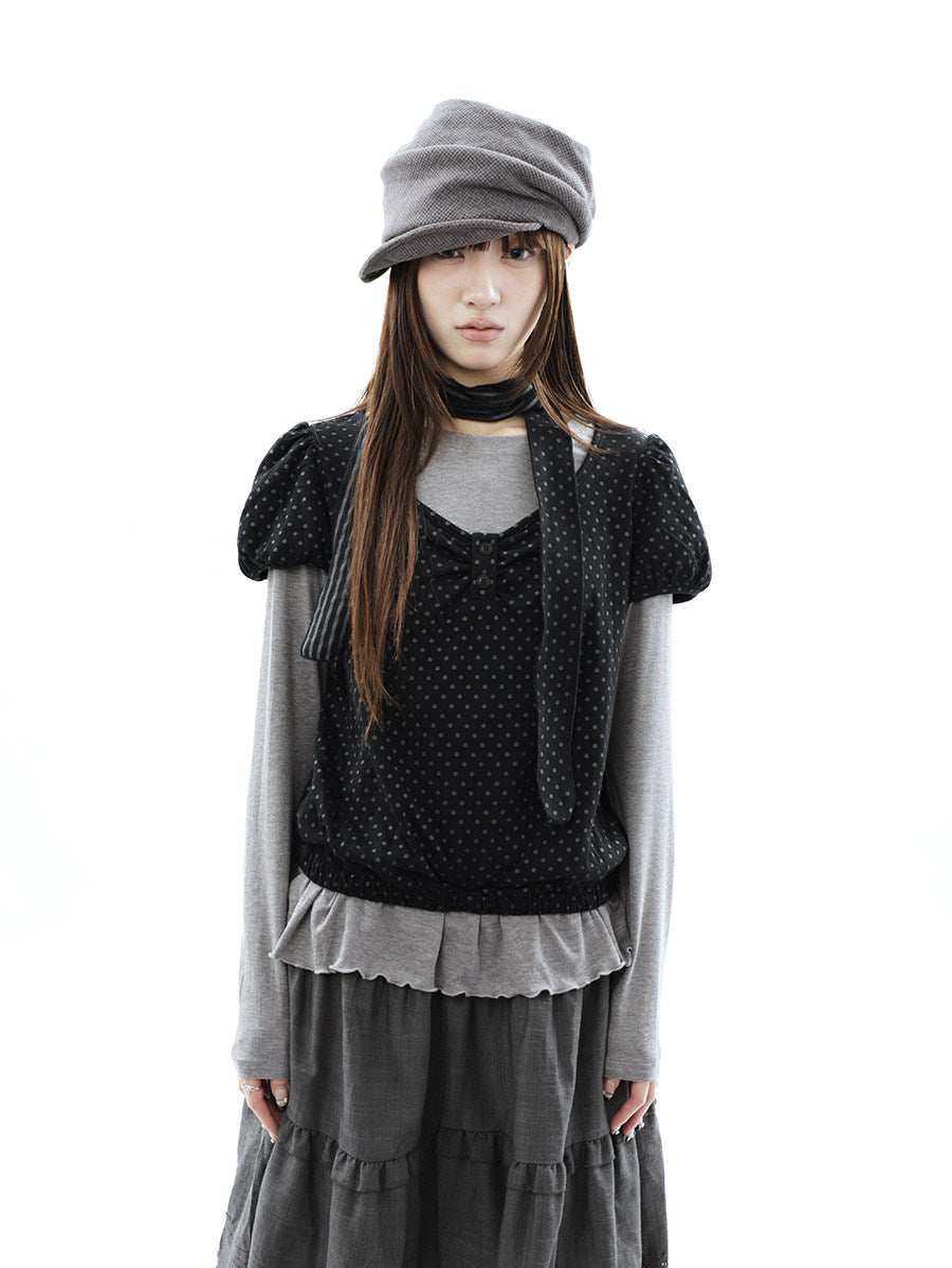 Polka Dot Layered Two-Piece Top Set with Scarf
