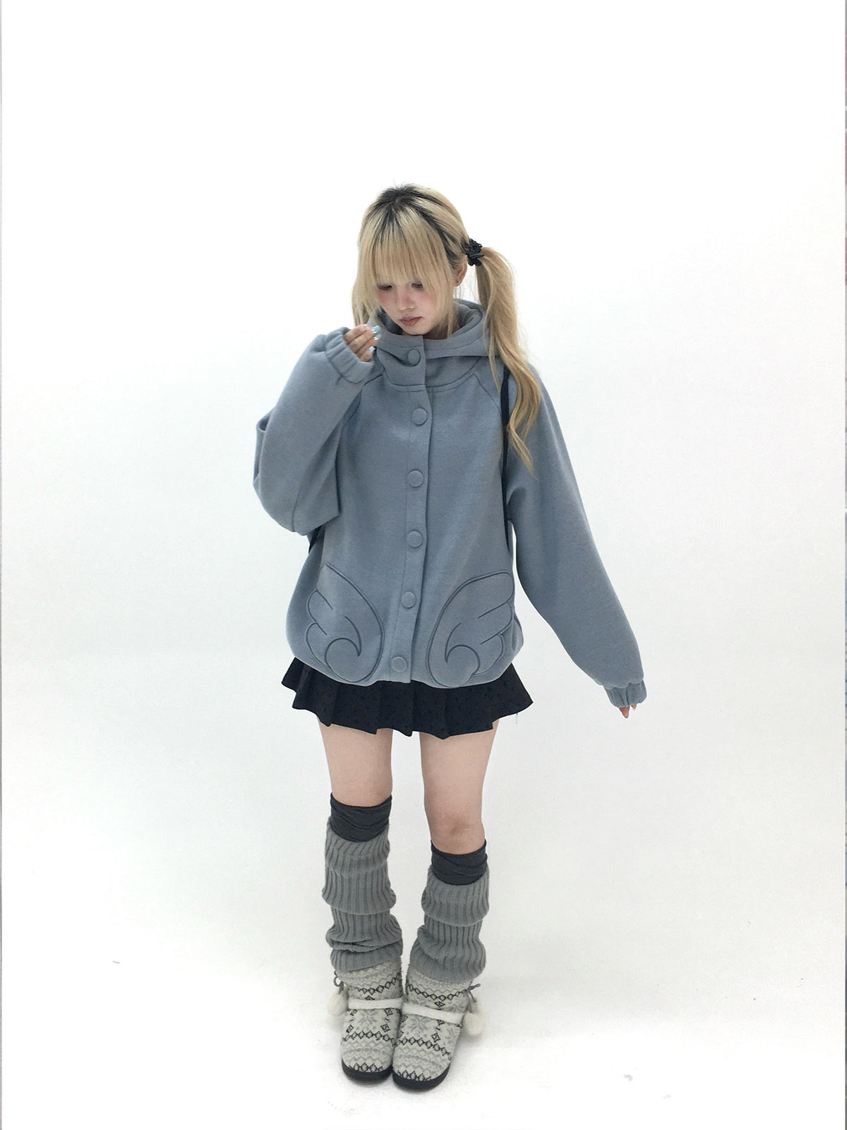 Dusty Blue & Ivory Fleece-Lined Cat Ear Wing Pocket Hooded Jacket